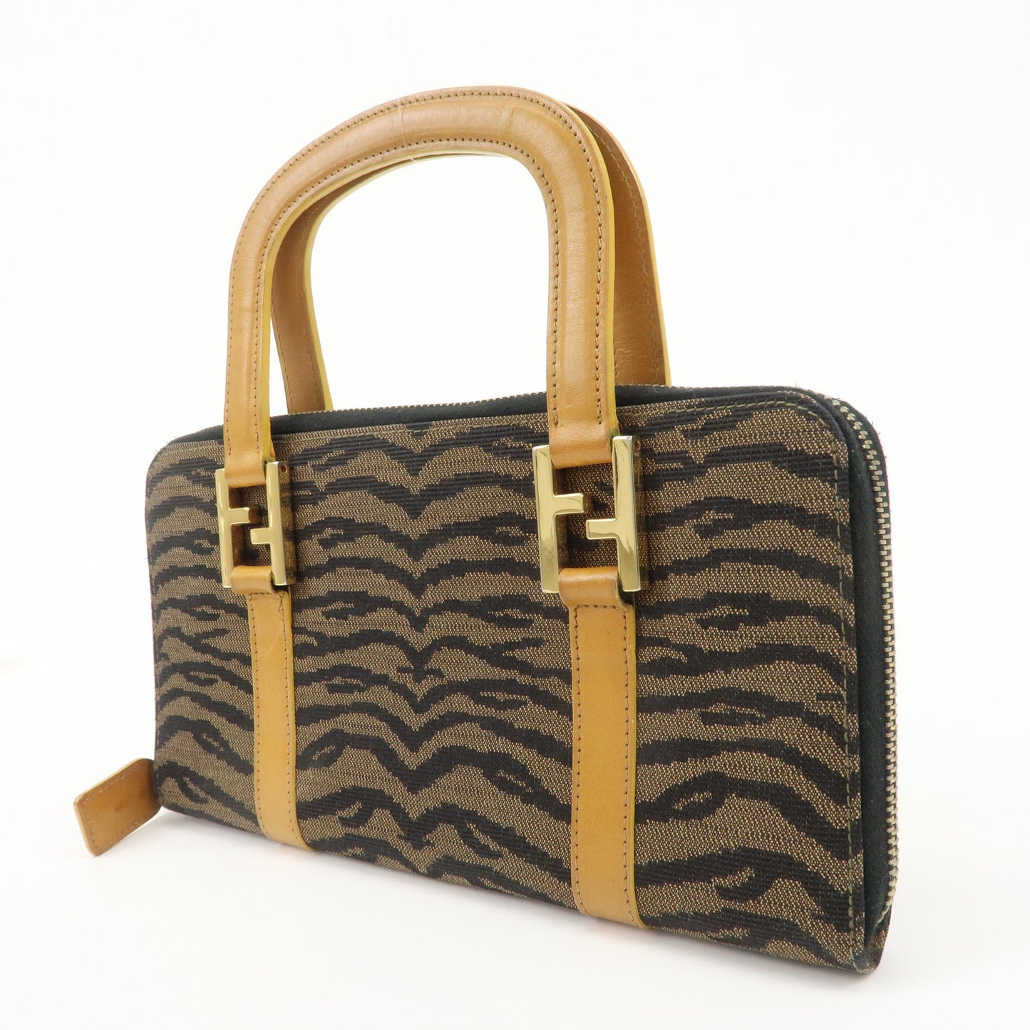 FENDI Canvas Leather Angora Hand Bag Zebra Brown Black 26347