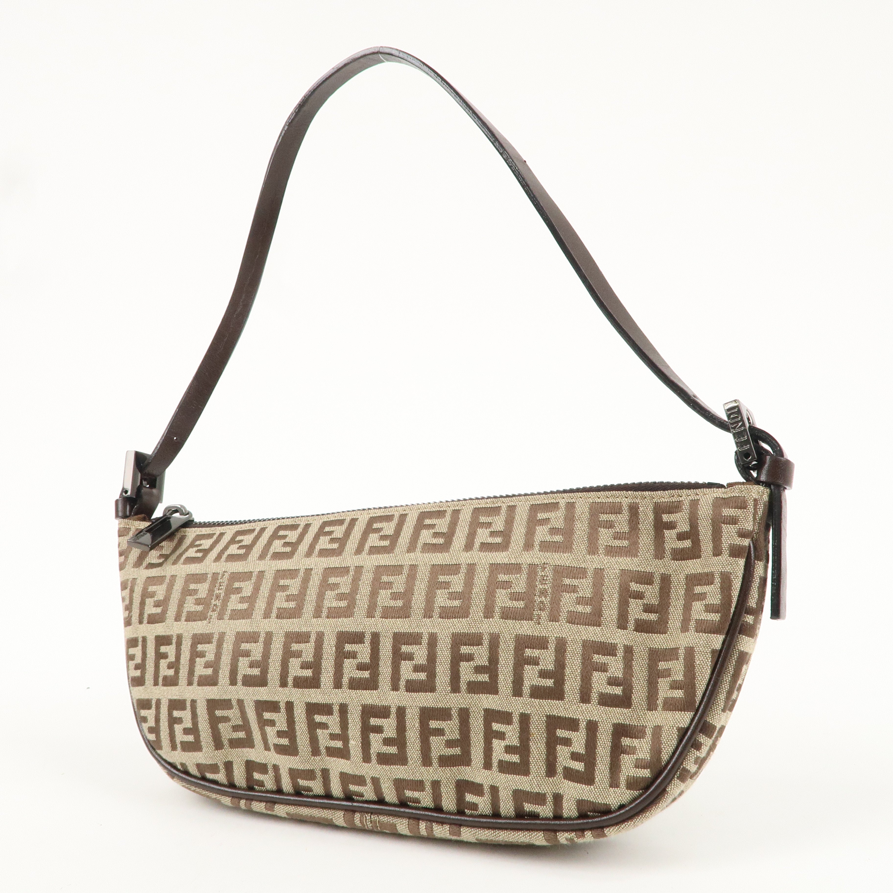 FENDI Zucchino Canvas Leather Shoulder Bag Brown Beige 8BR133