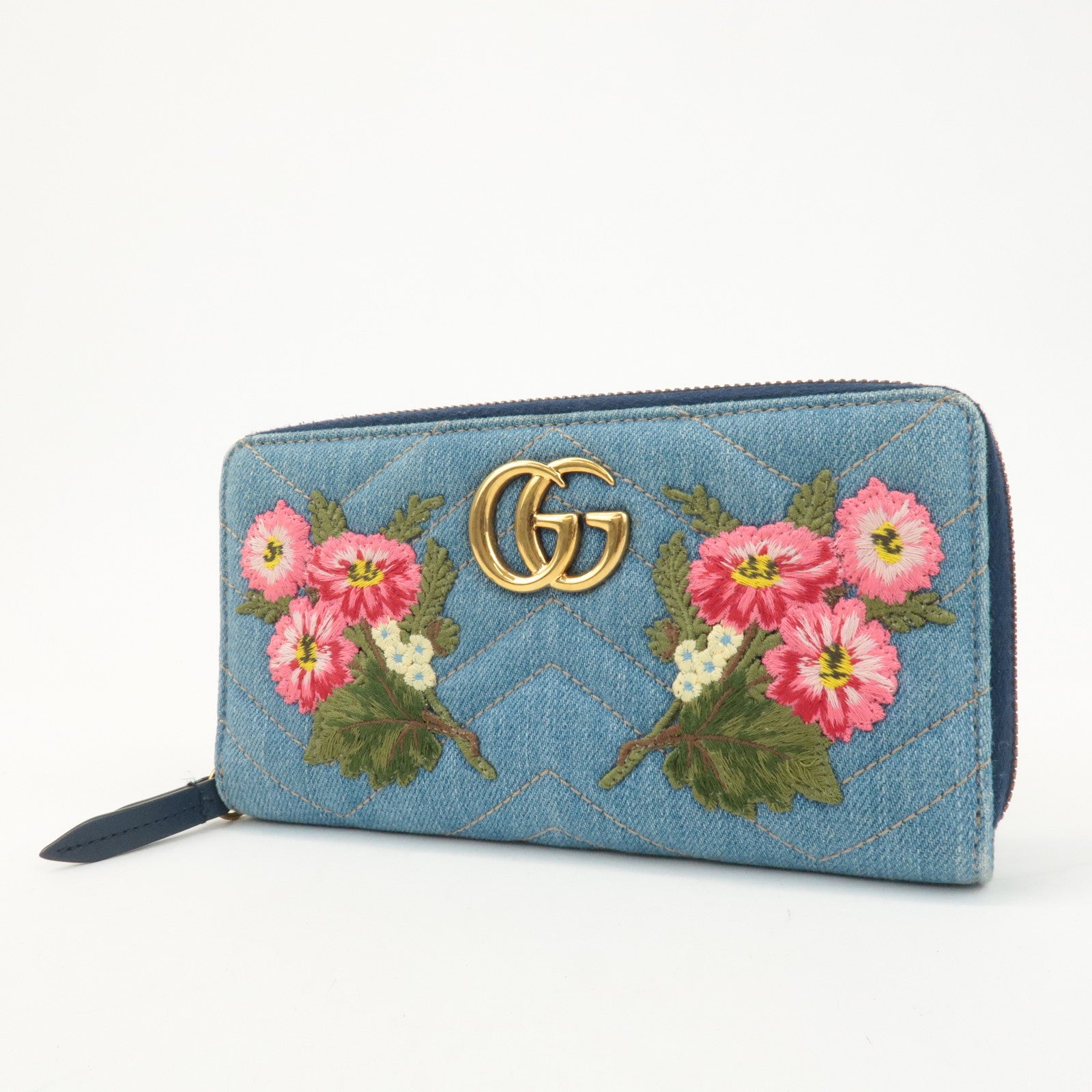 GUCCI GG Marmont Denim Zip Around Wallet Floral Pattern 443123