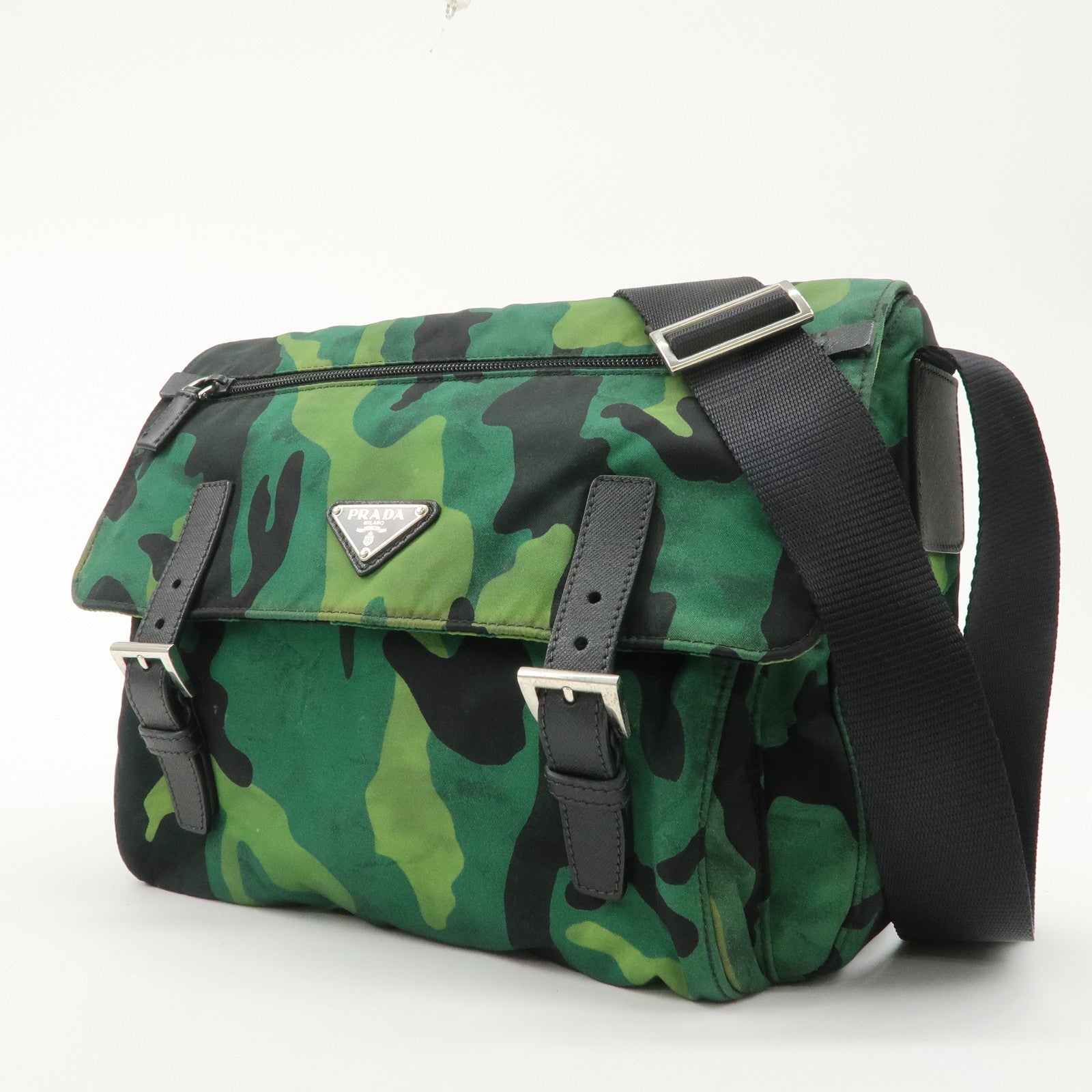PRADA Logo Nylon Leather Camouflage Shoulder Bag Green Black Used