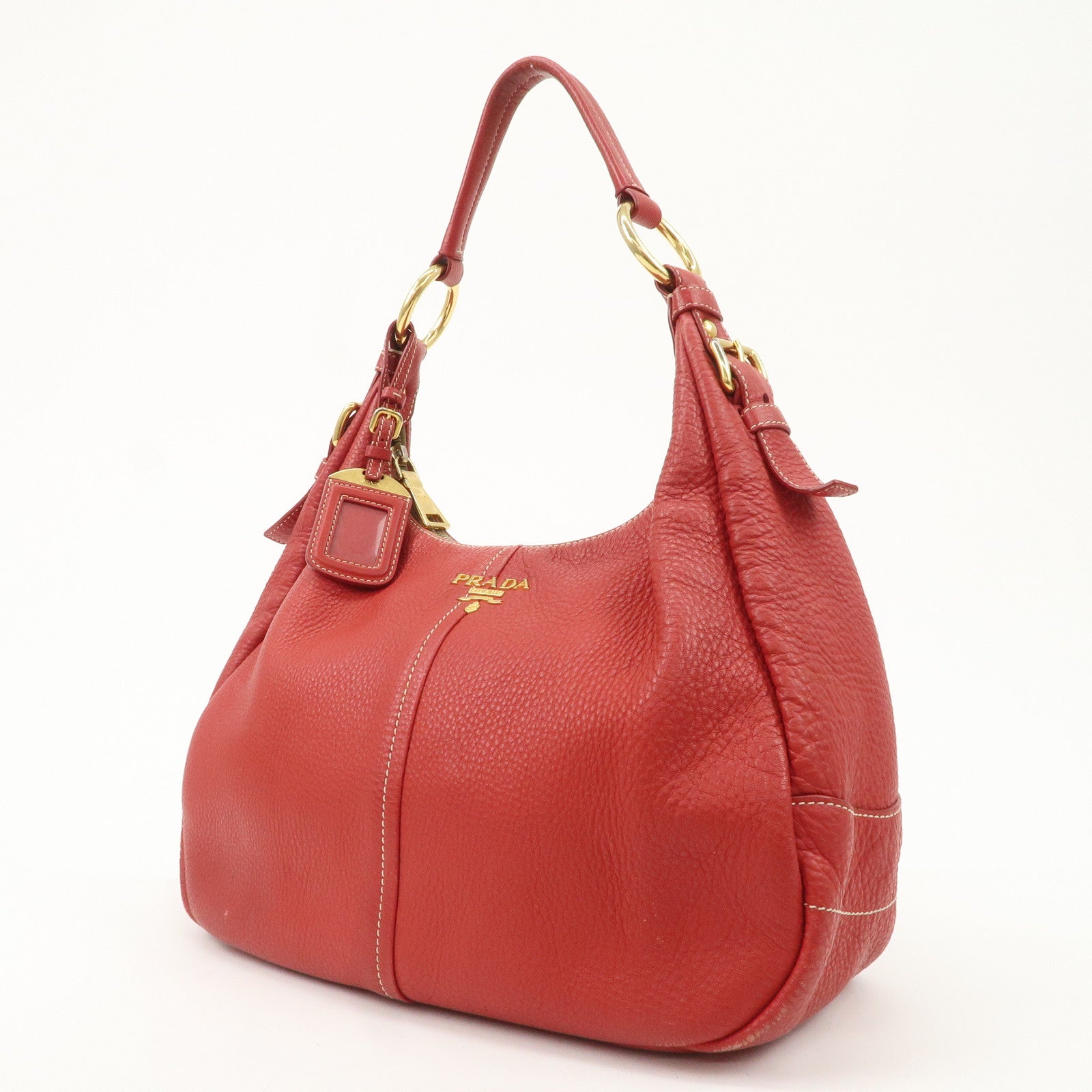 PRADA Logo Leather Shoulder Bag Hand Bag Red BR4373