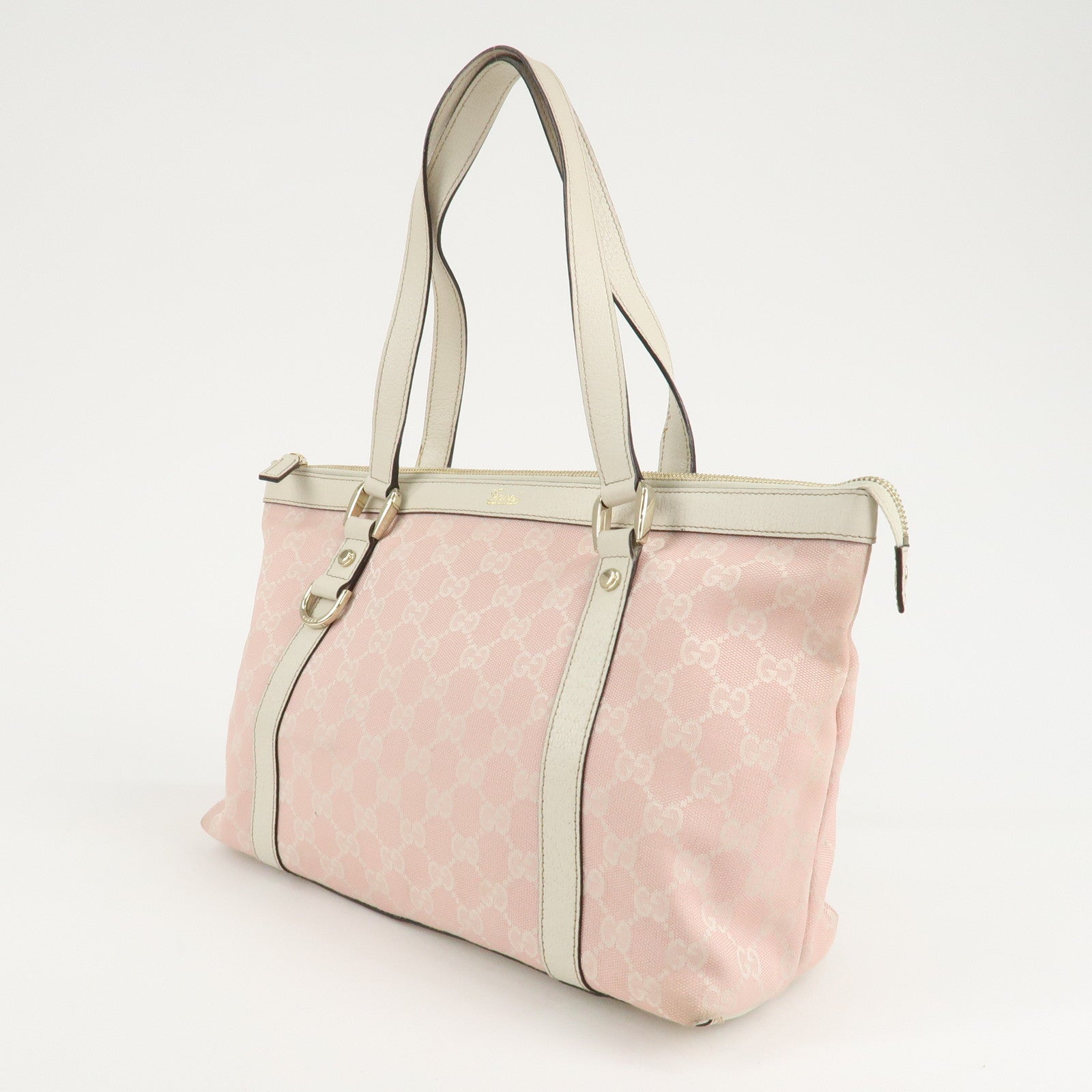 GUCCI Abbey Line GG Canvas Leather Tote Bag Pink Ivory 141470