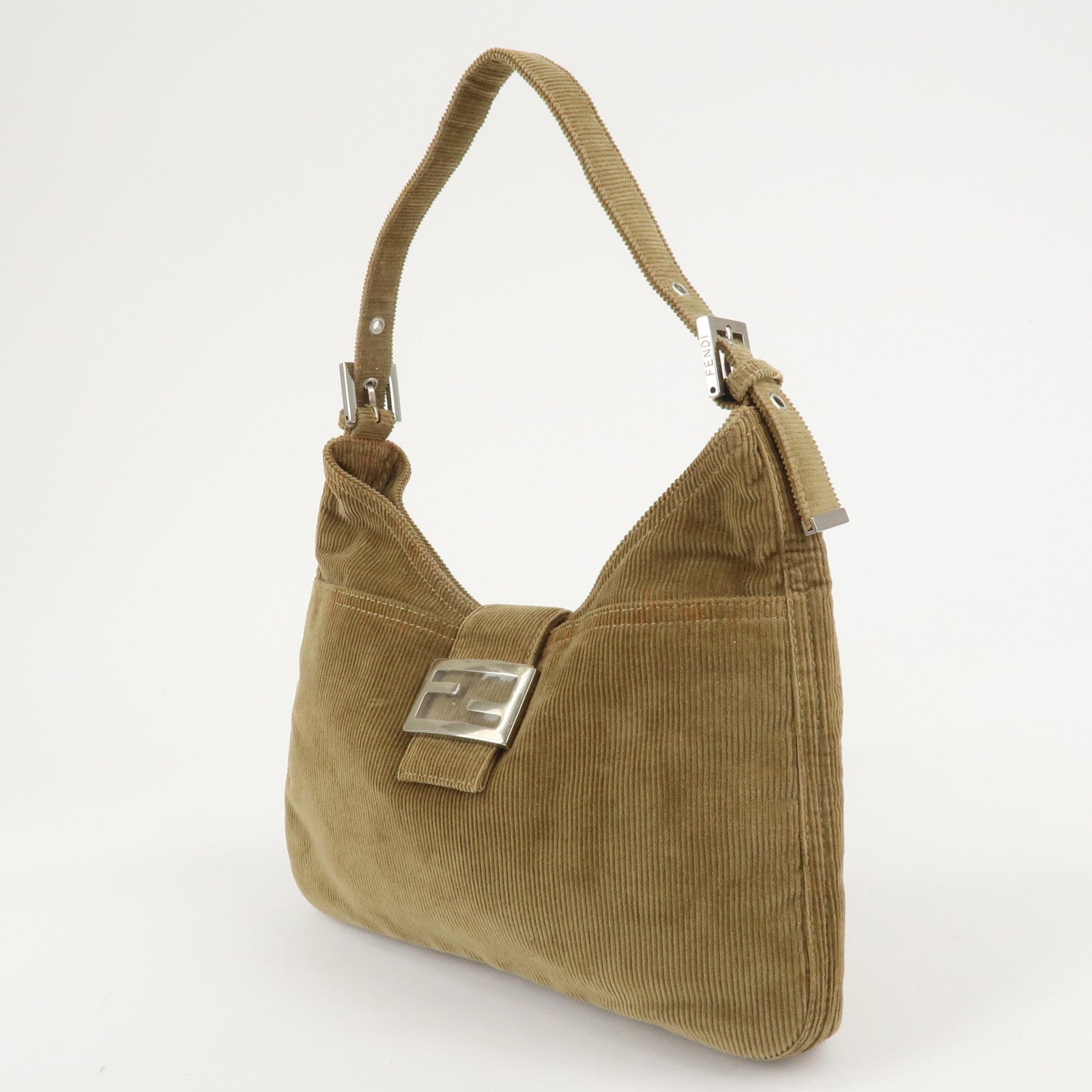 FENDI Corduroy Shoulder Bag Khaki Silver Hardware 26569