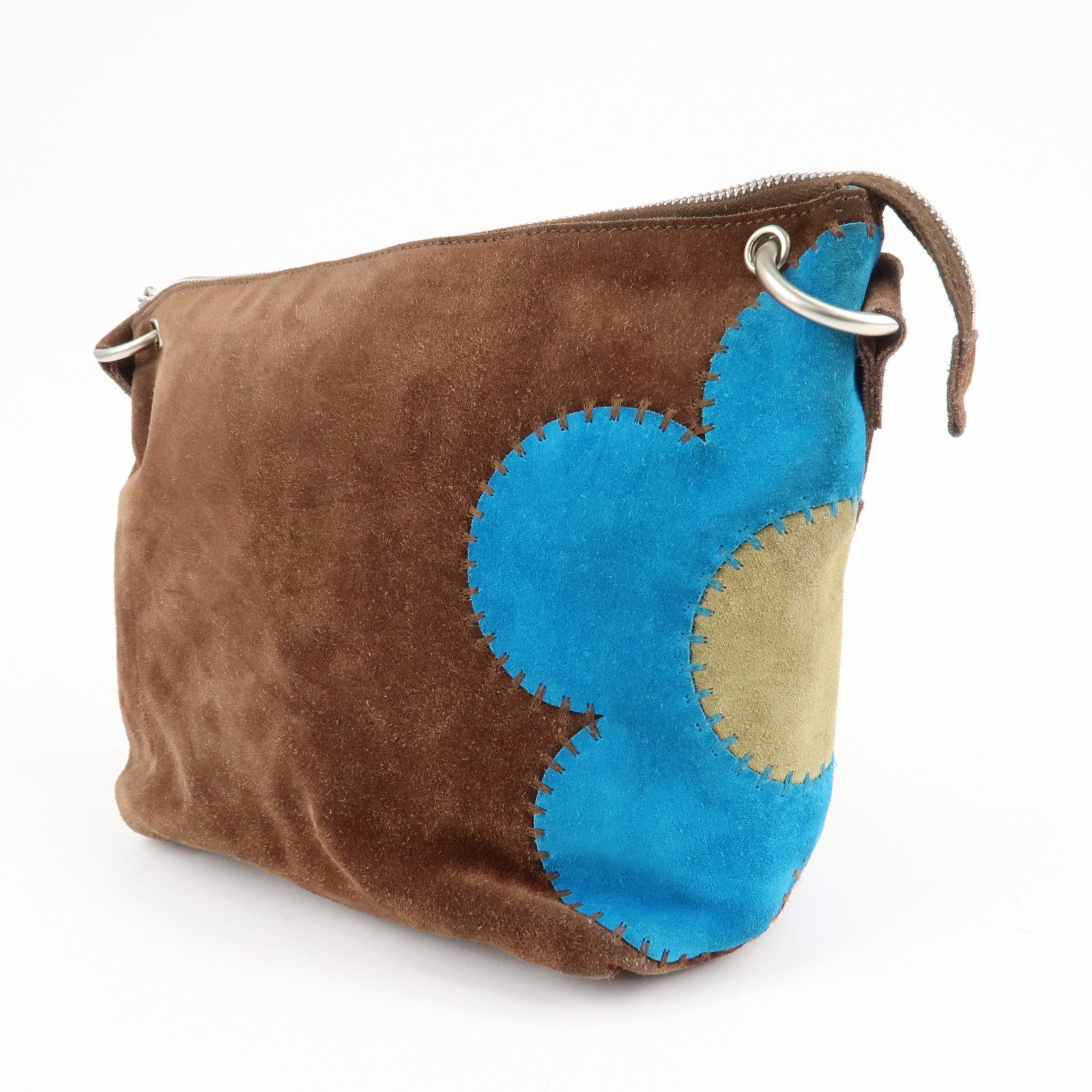 CELINE Suede Leather Shoulder Bag Macadam Engraved Flower Brown Used