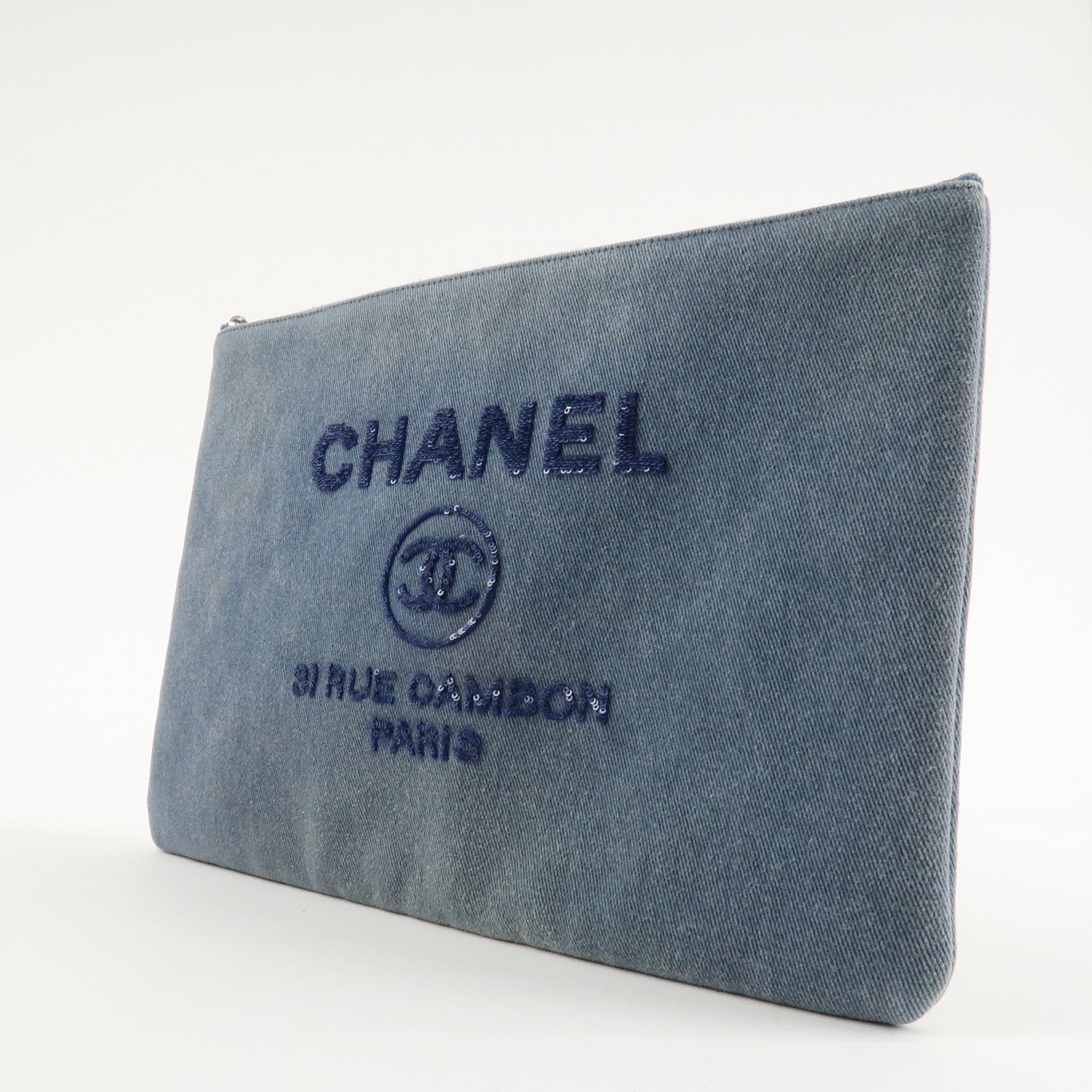 CHANEL COCO Mark Deauville Denim Sequins Clutch Bag A80117 Used