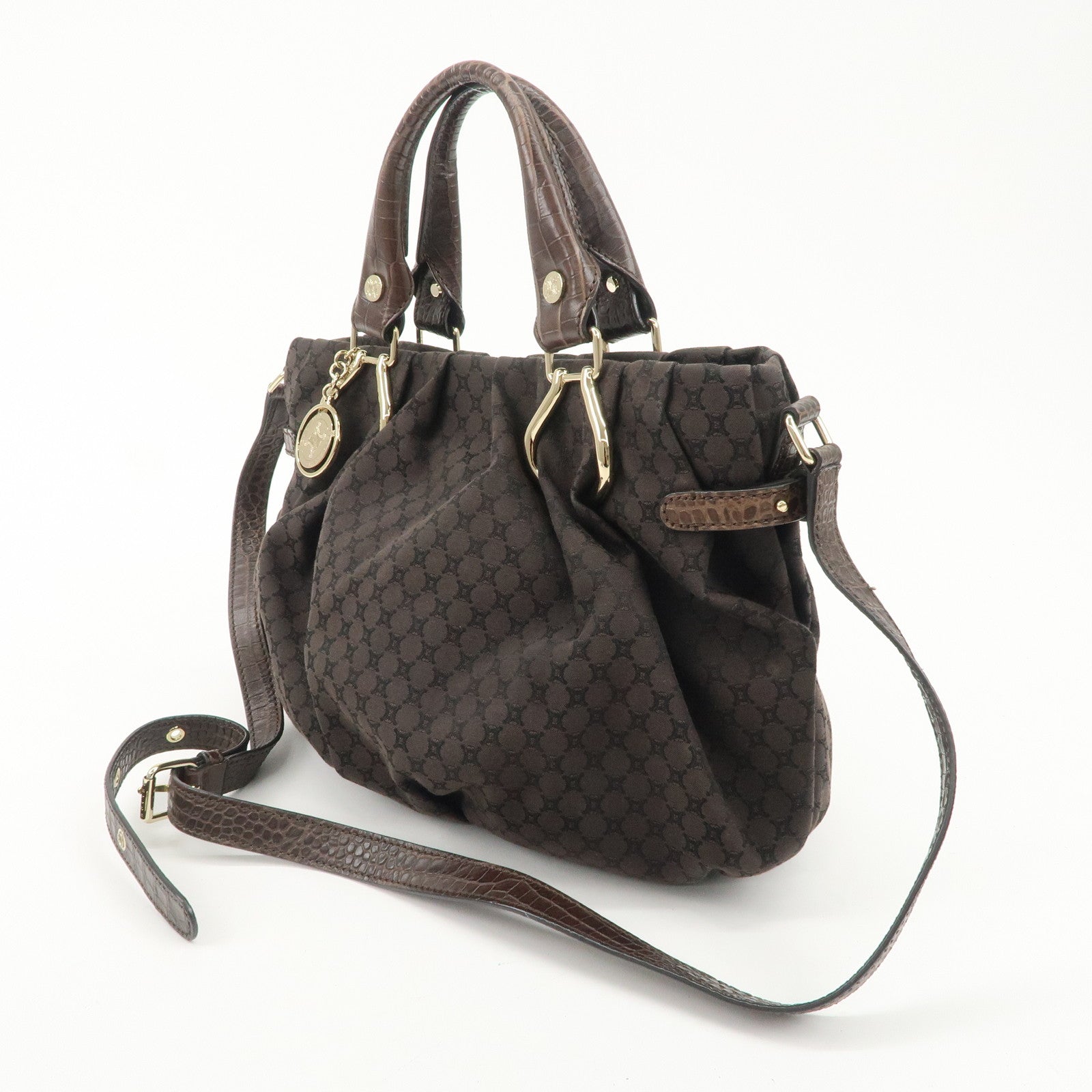 CELINE Macadam Canvas Leather 2Way Bag Gold Charm Dark Brown Used
