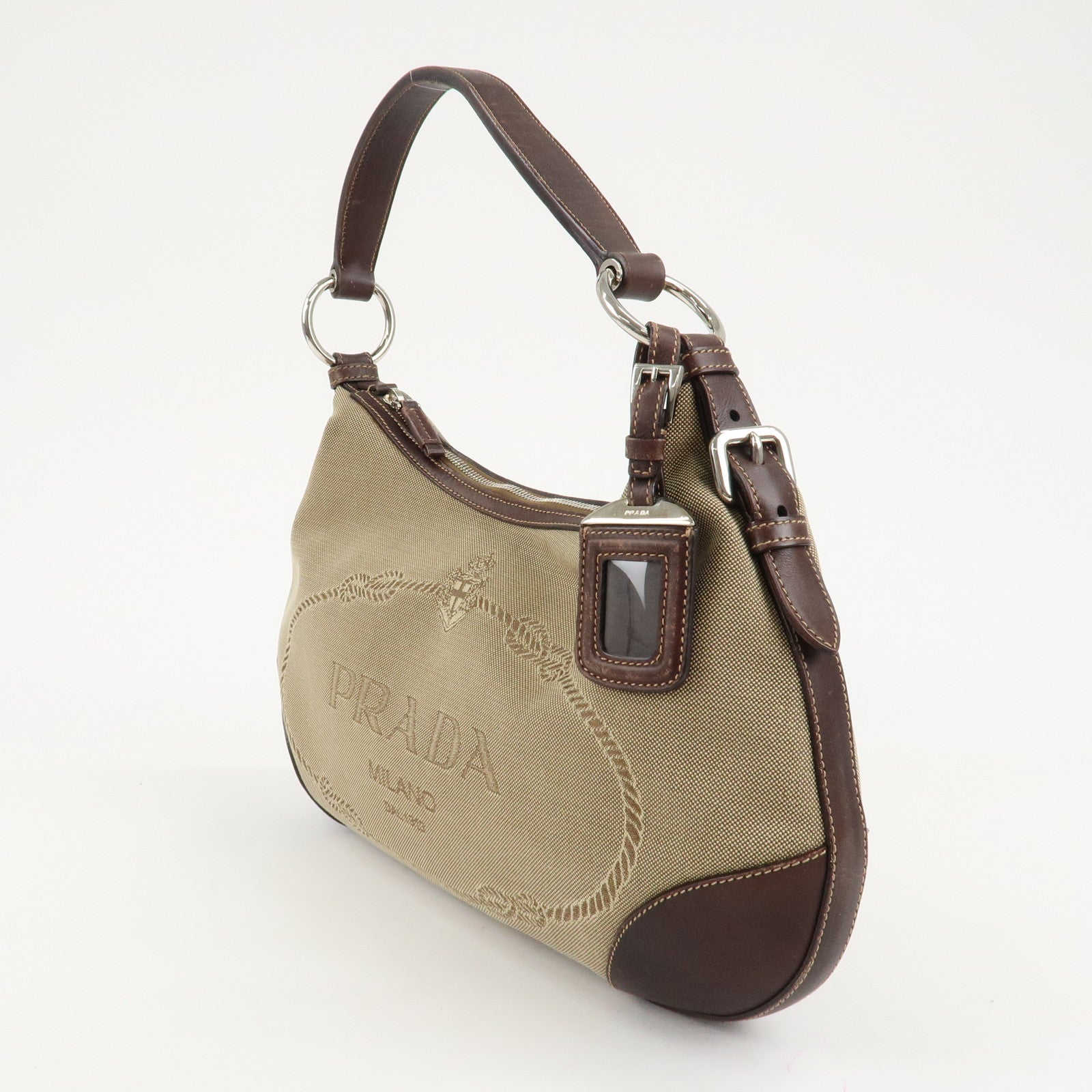 PRADA Logo Jacquard Leather Shoulder Bag Beige Brown