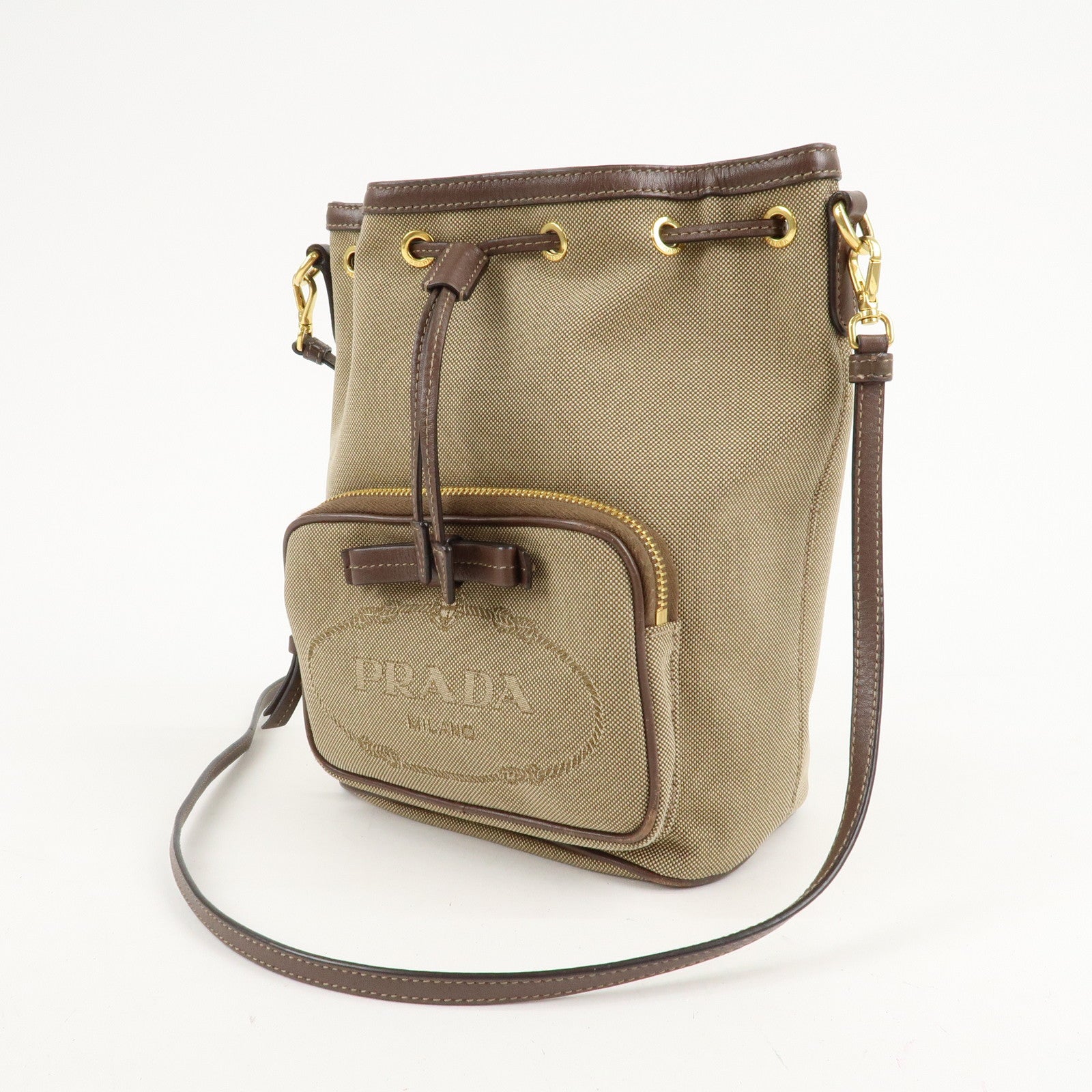 PRADA Logo Jacquard Leather Drawstring Shoulder Bag Beige 1BH038