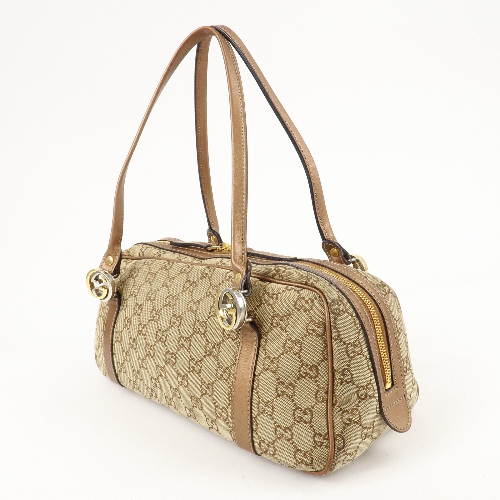 GUCCI GG Twins GG Canvas Leather Shoulder Bag Beige Brown 232958