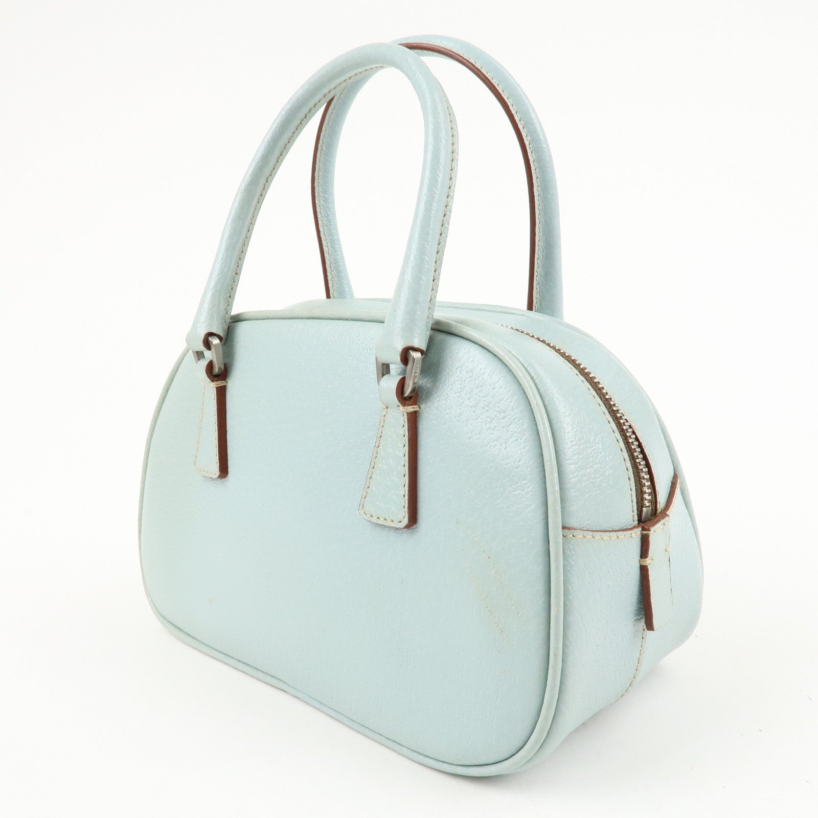 PRADA Leather Hand Bag Blue Silver Hardware