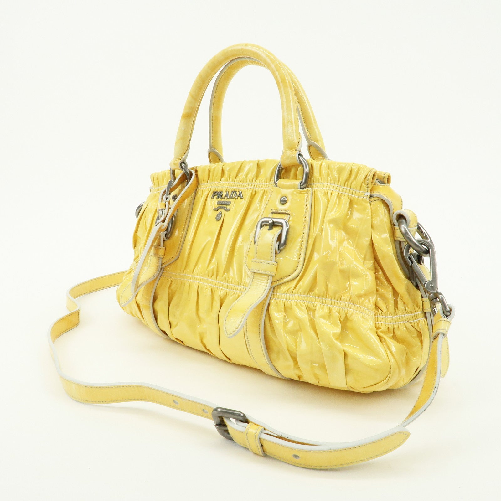 PRADA Patent Leather Gather 2Way Bag Shoulder Hand Bag Yellow