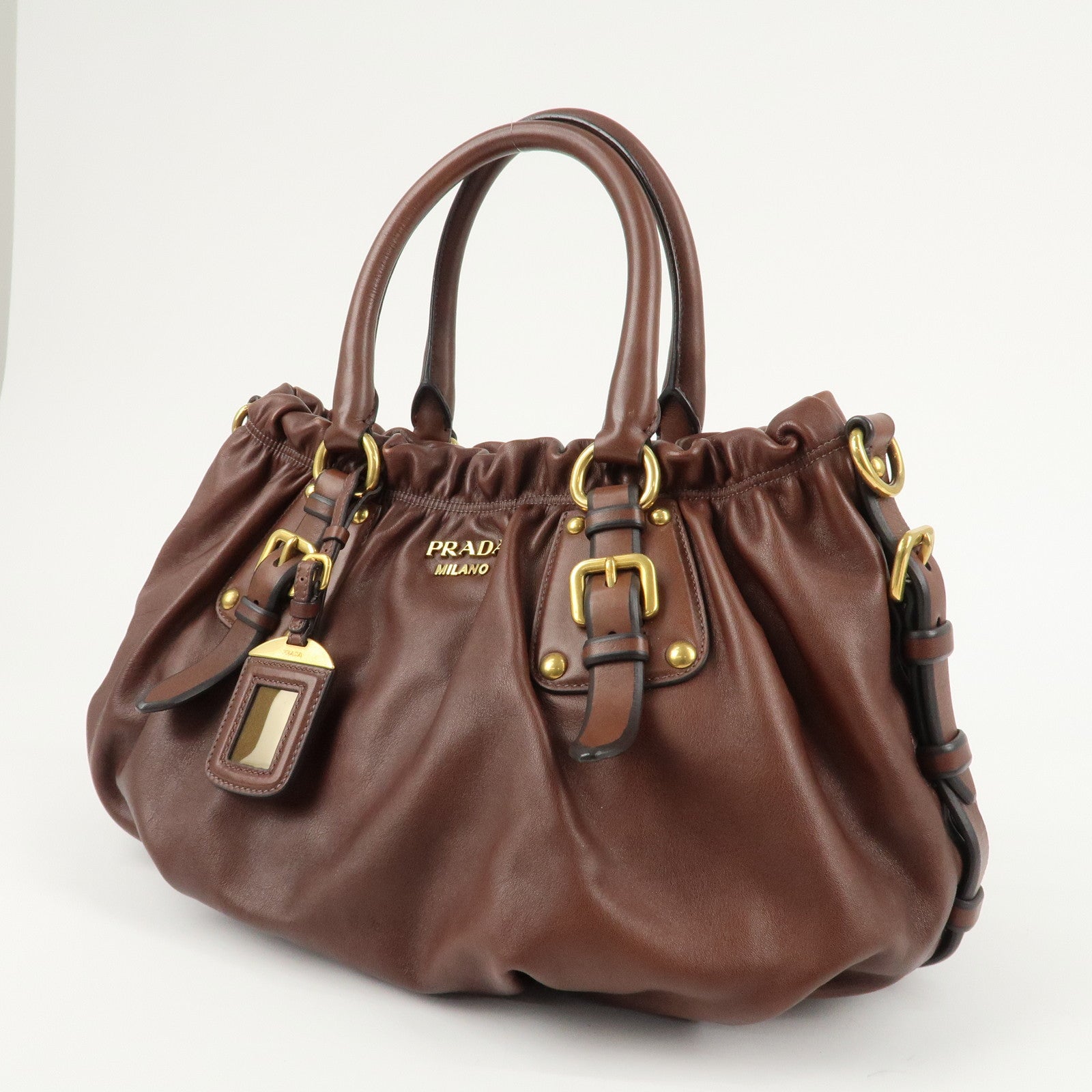 PRADA Leather 2Way Hand Bag Shoulder Bag Brown Gold HDW