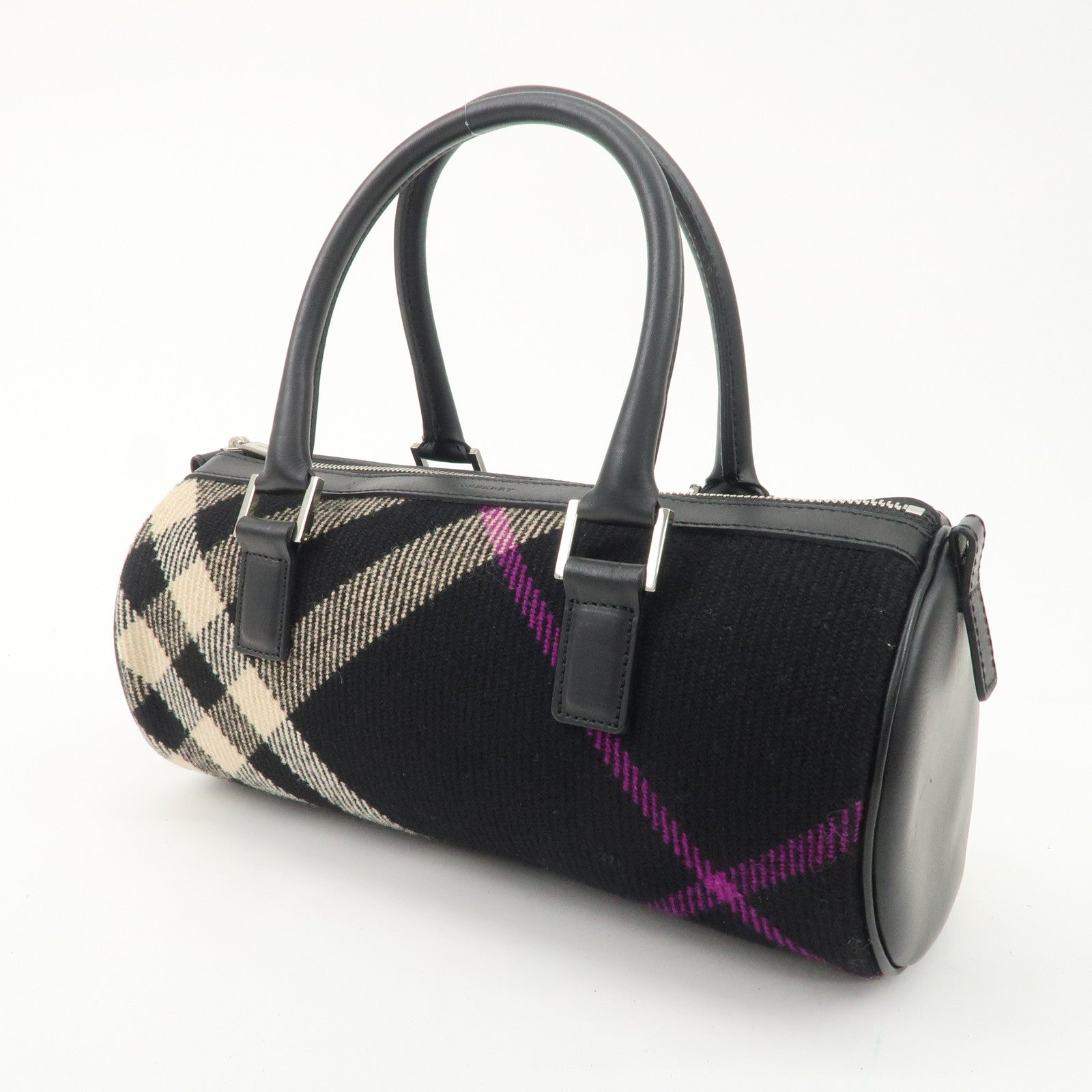 BURBERRY Wool Leather Boston Bag Hand Bag Black Beige Purple