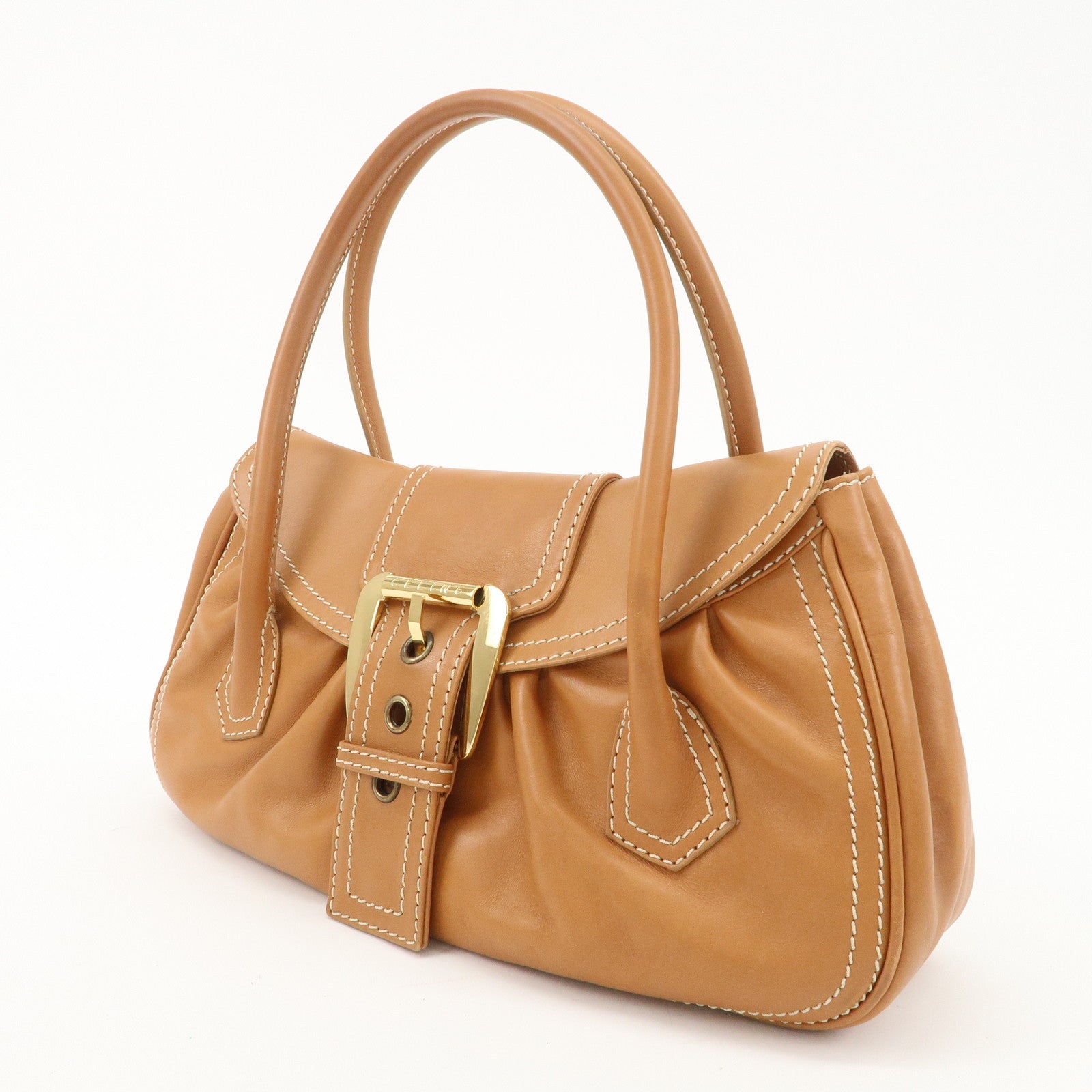 CELINE Leather Large Chouquette Shoulder Bag Light Brown Used