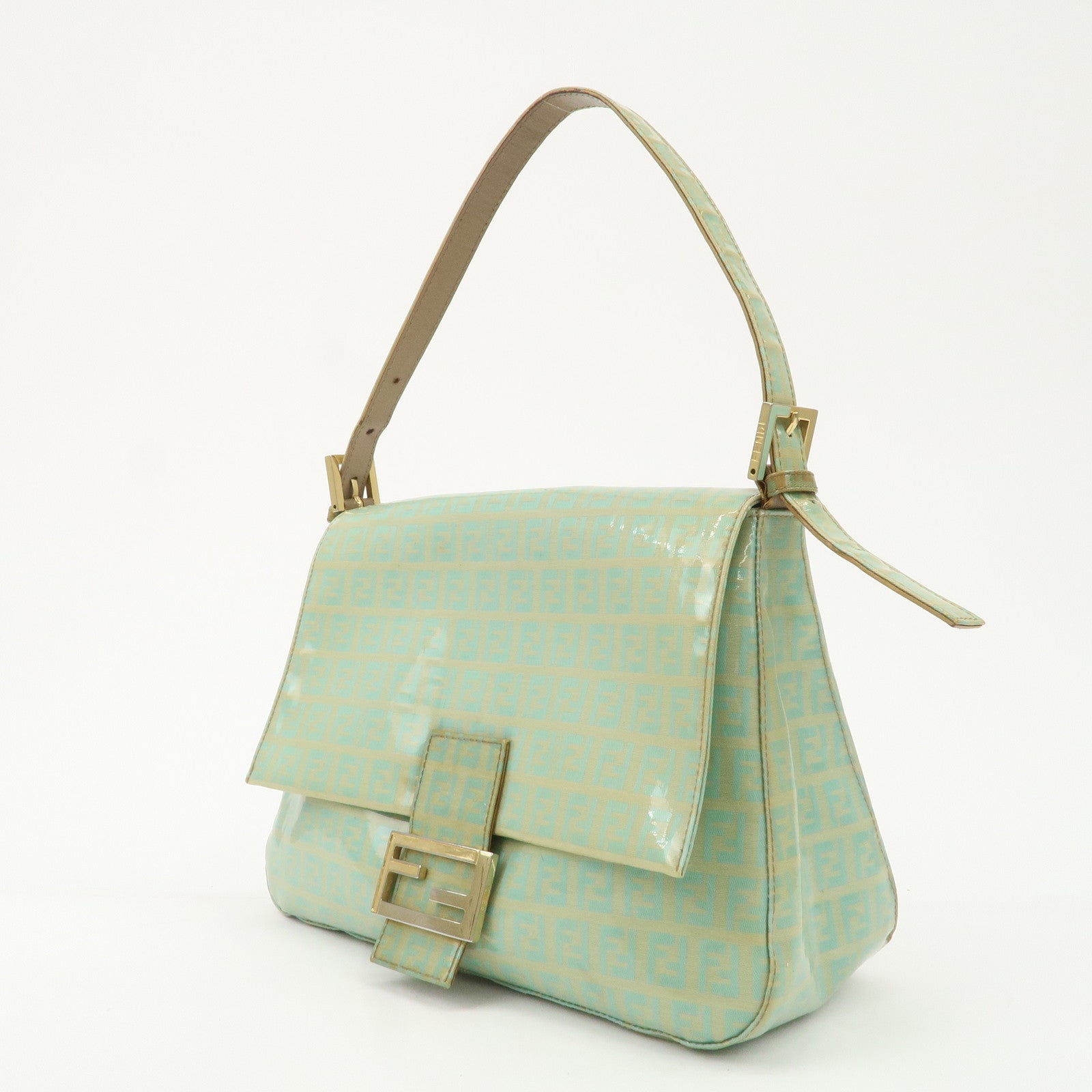 FENDI Zucchino Patent Leather Shoulder bag Beige Light Green