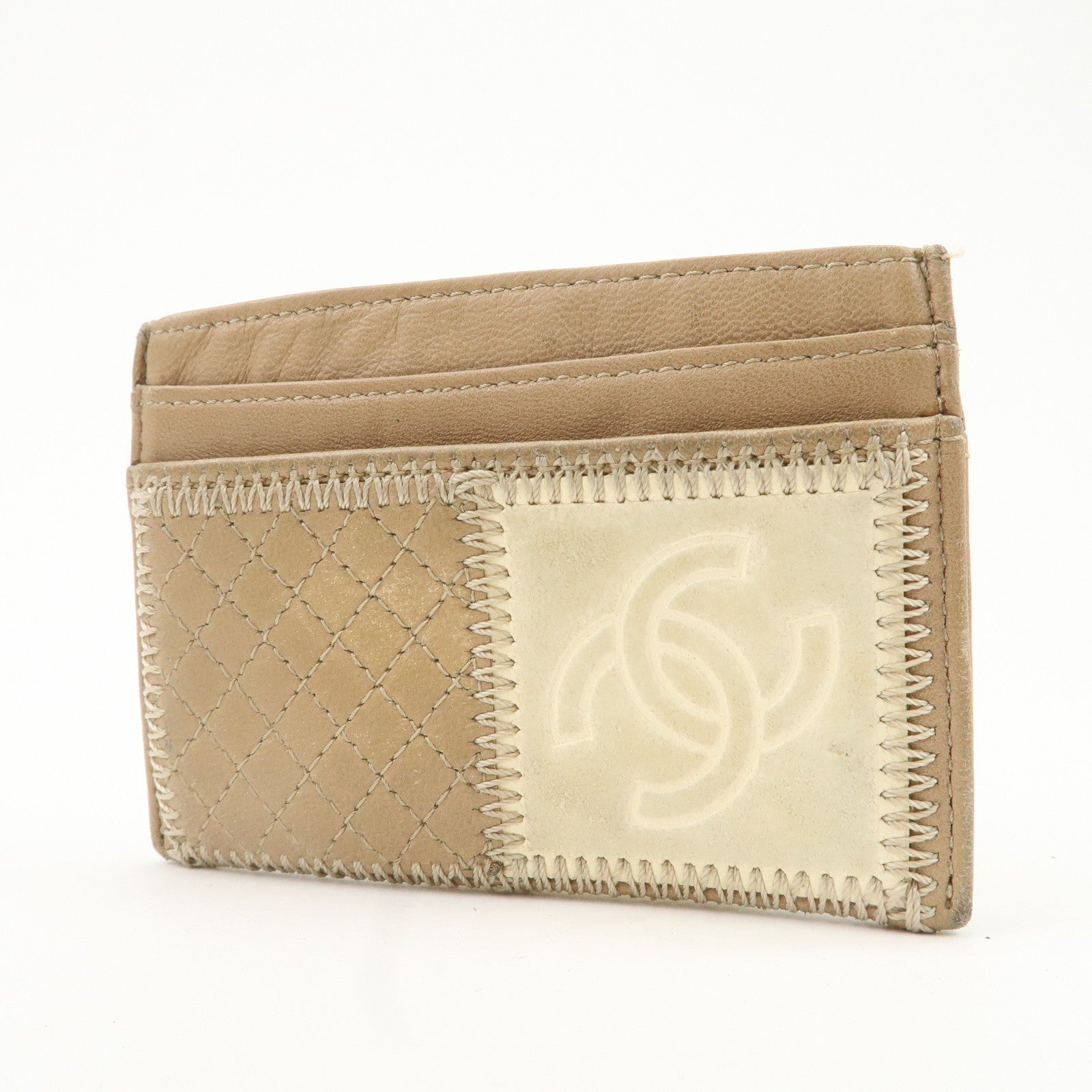 CHANEL Leather Icon Patch Work Card Case Beige