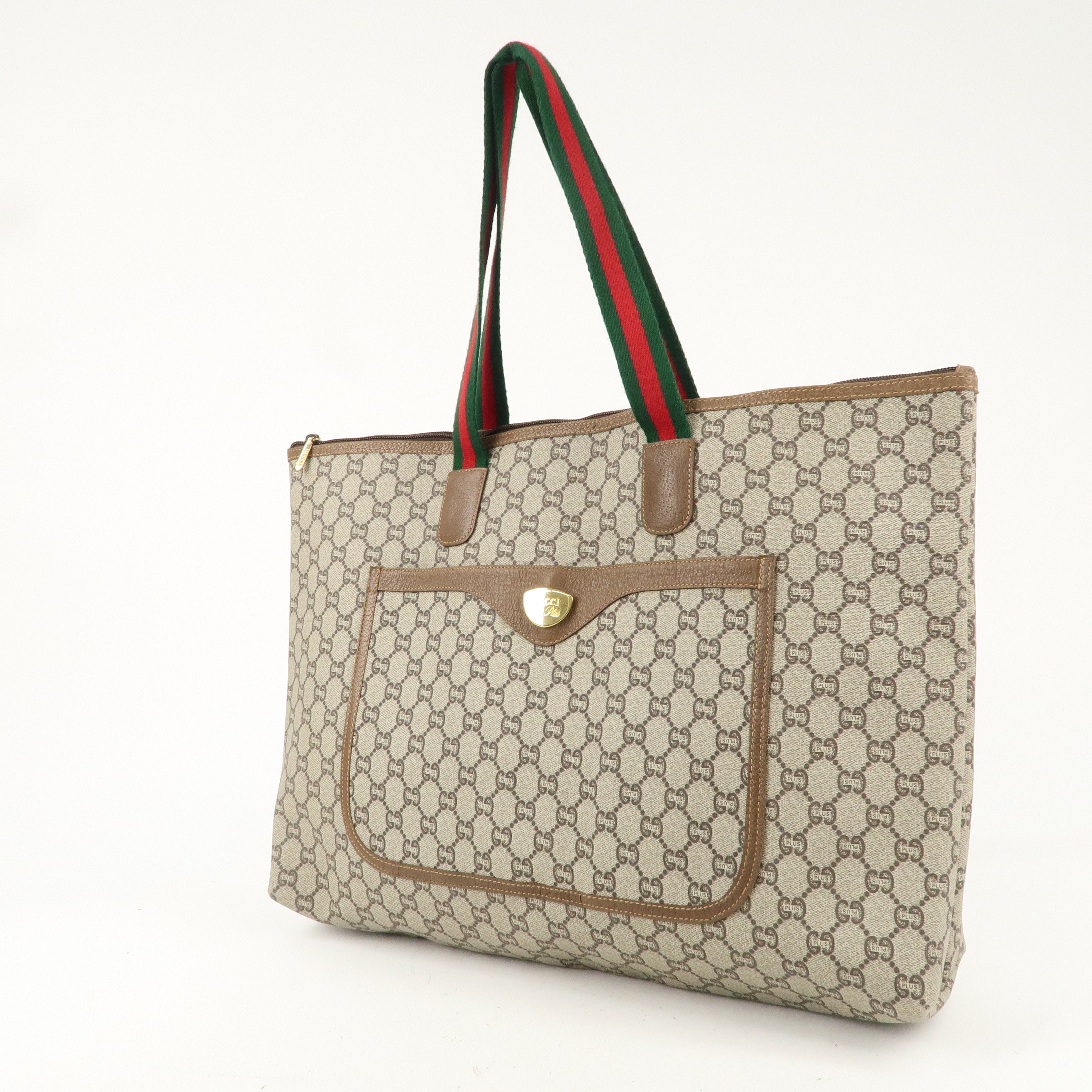 GUCCI Sherry GG Plus Leather Tote Bag Shoulder Bag Beige Brown