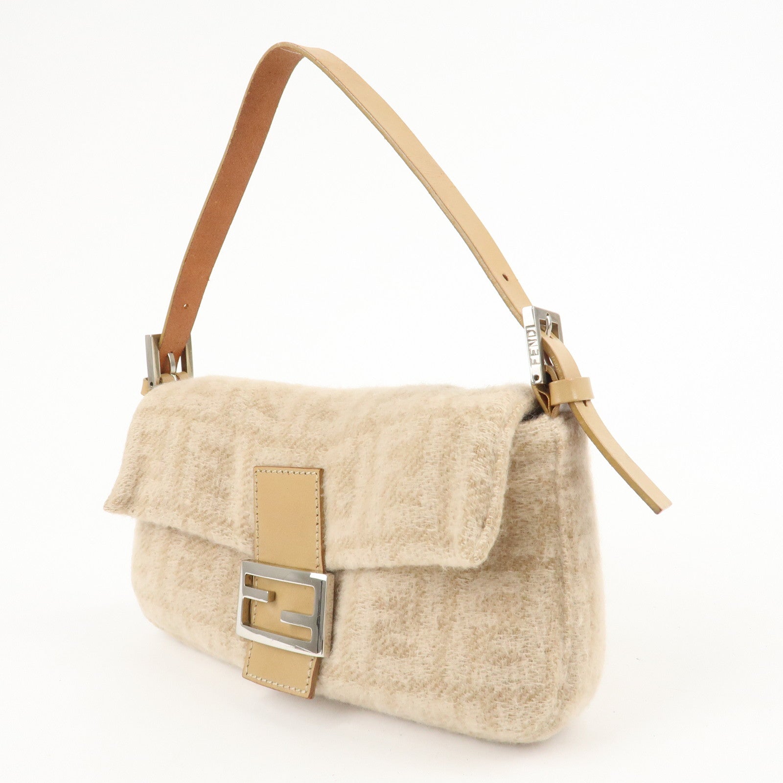 FENDI Mamma Baguette Zucca Wool Leather Shoulder Bag Beige 26424