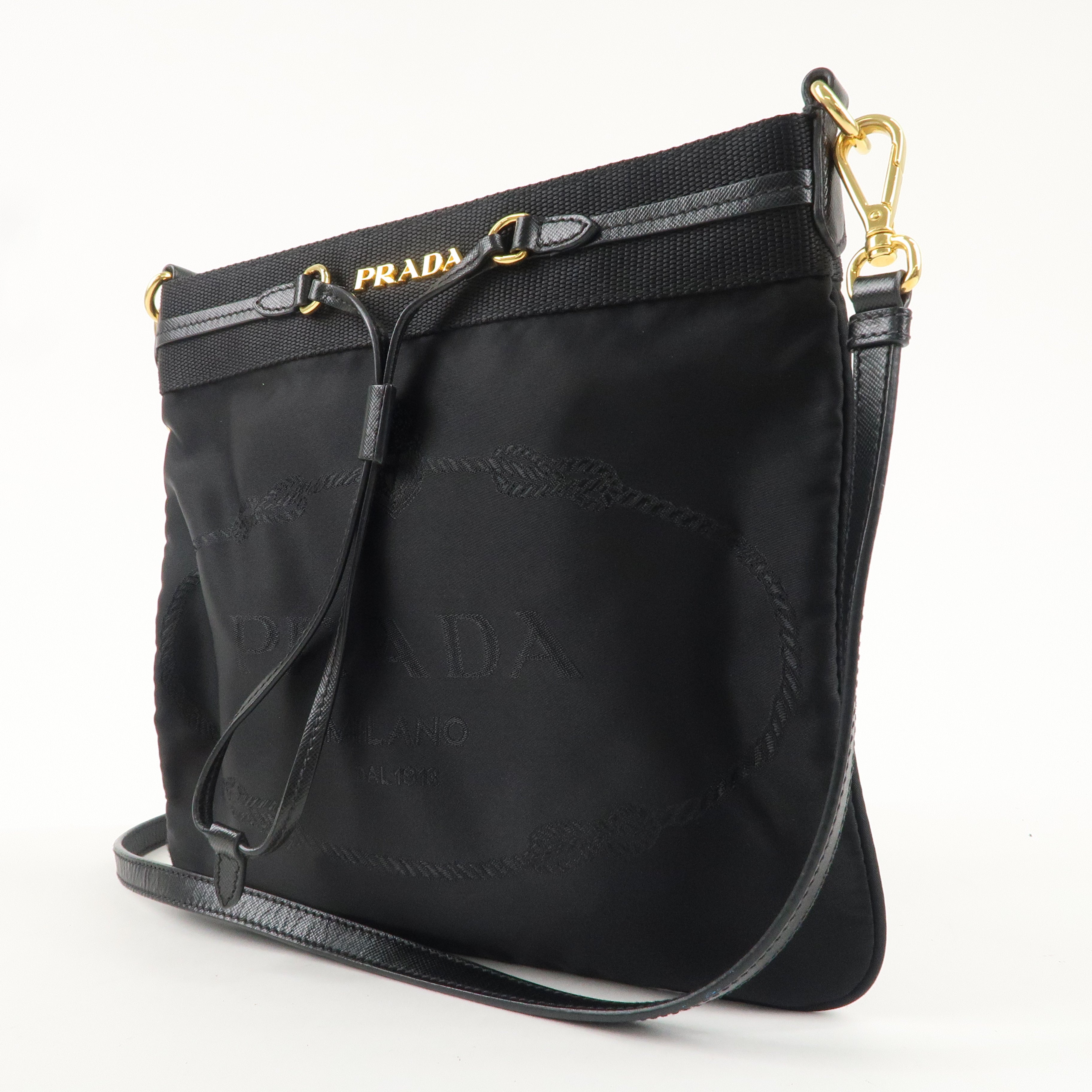 PRADA Logo Nylon Saffiano Leather Shoulder Bag Black