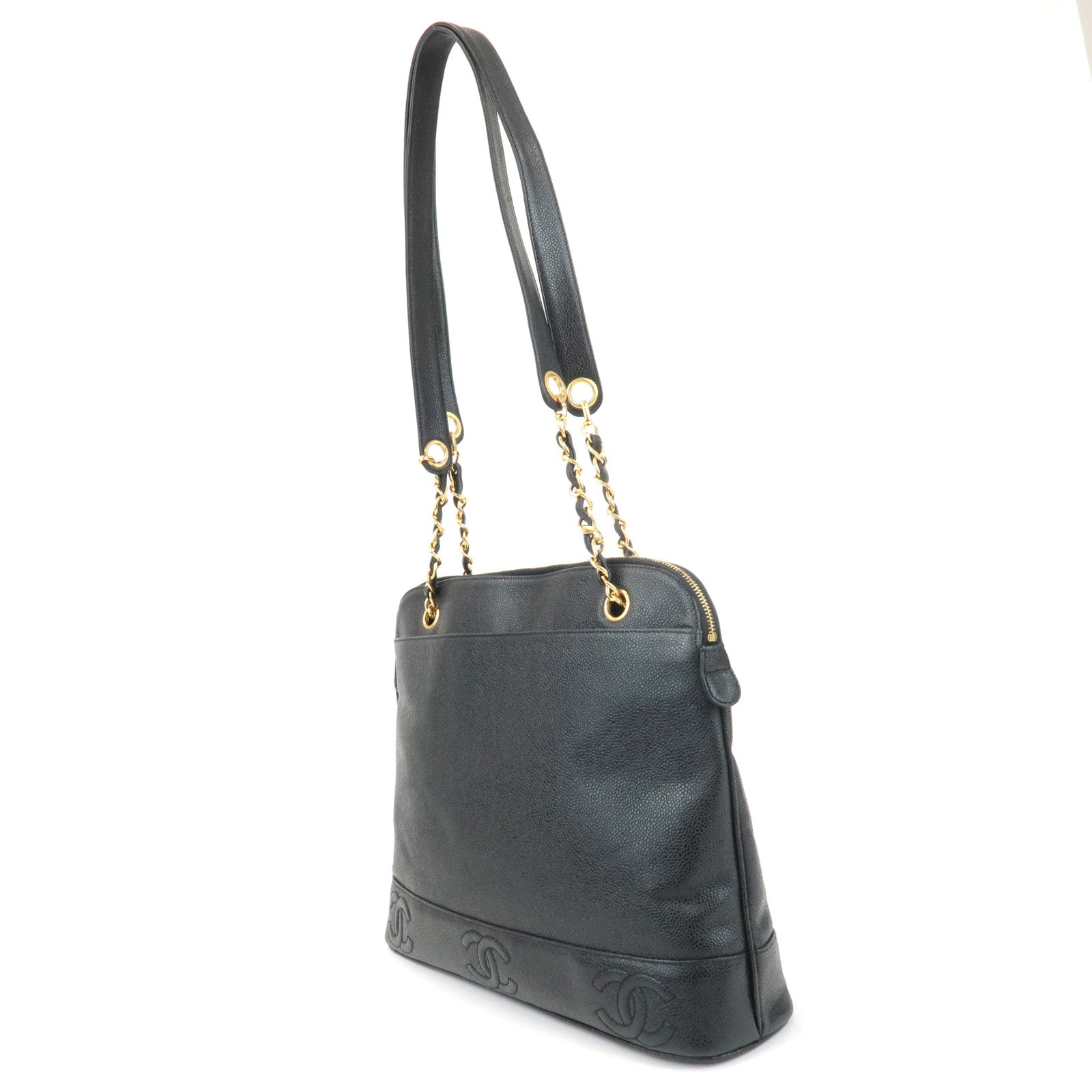 CHANEL Triple COCO Caviar Skin Chain Tote Bag Shoulder Bag Black Used