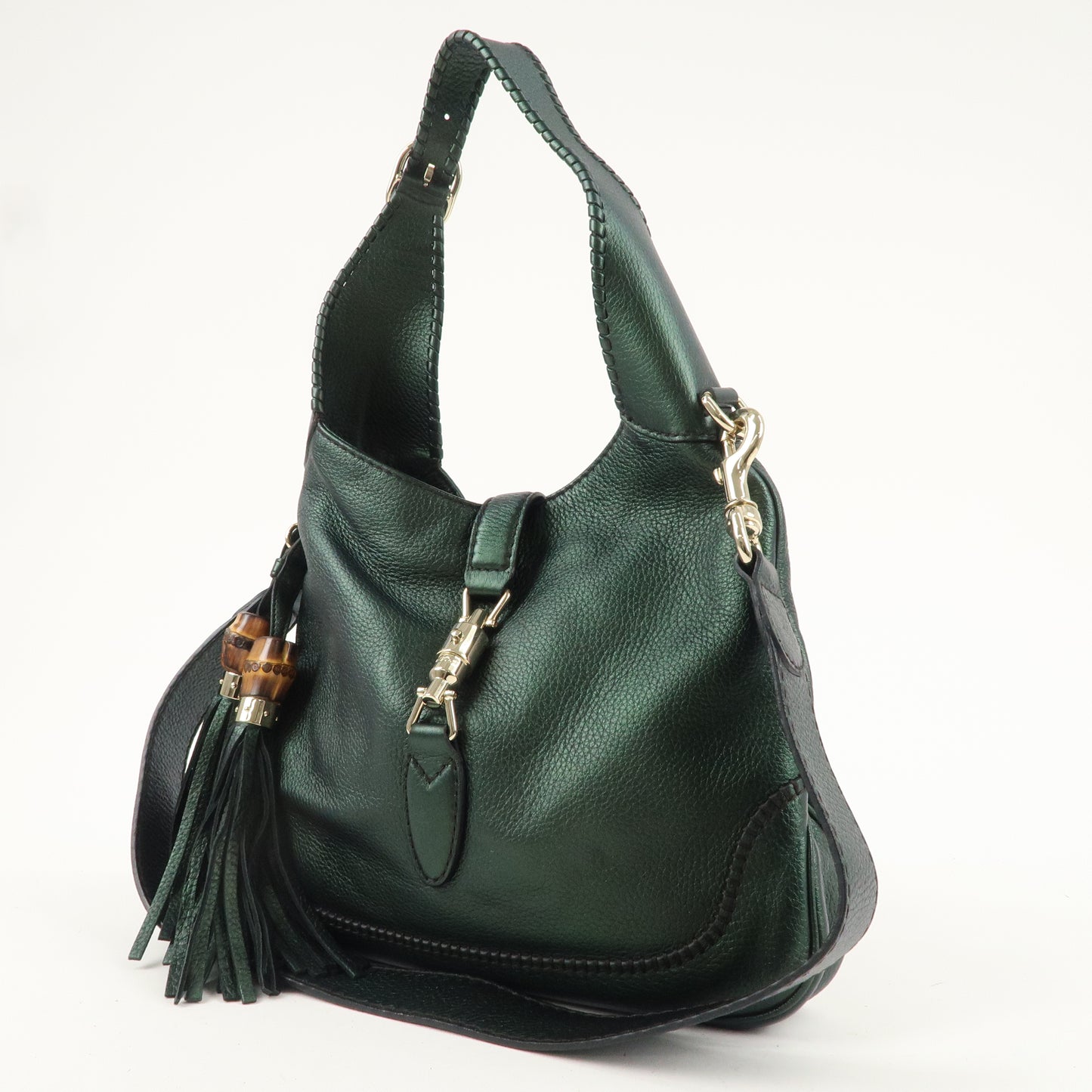 GUCCI New Jackie Bamboo Leather 2Way Shoulder Bag Green 219725Used F/S