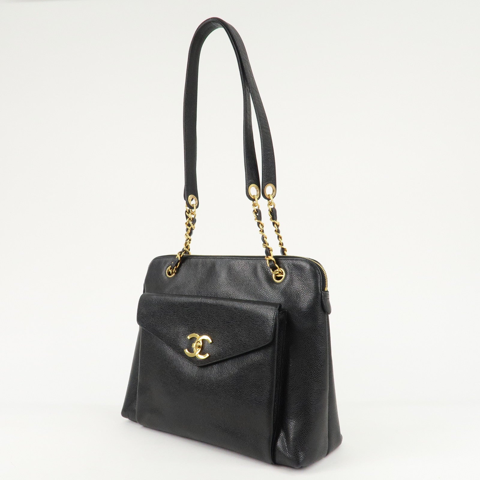 CHANEL COCO Mark Caviar Skin Chain Tote Bag Black Gold