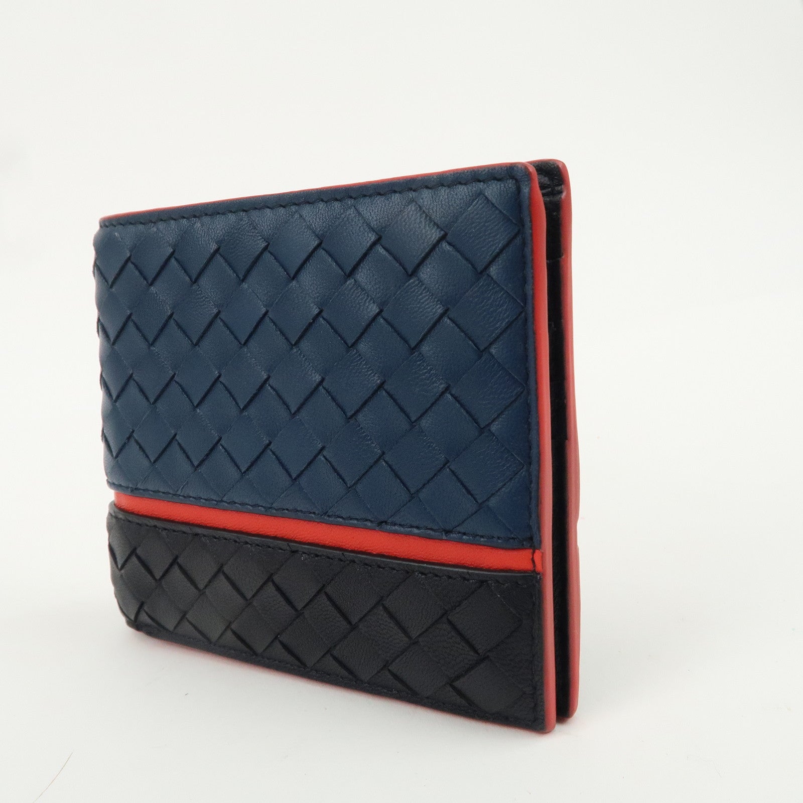 BOTTEGA VENETA Intrecciato Leather Bi-fold Wallet Bicolor Navy Red