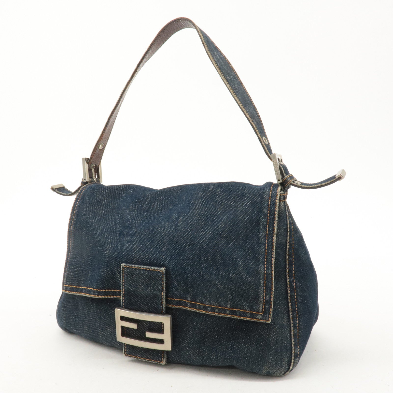 FENDI Denim Leather Mamma Baguette Shoulder Bag Blue