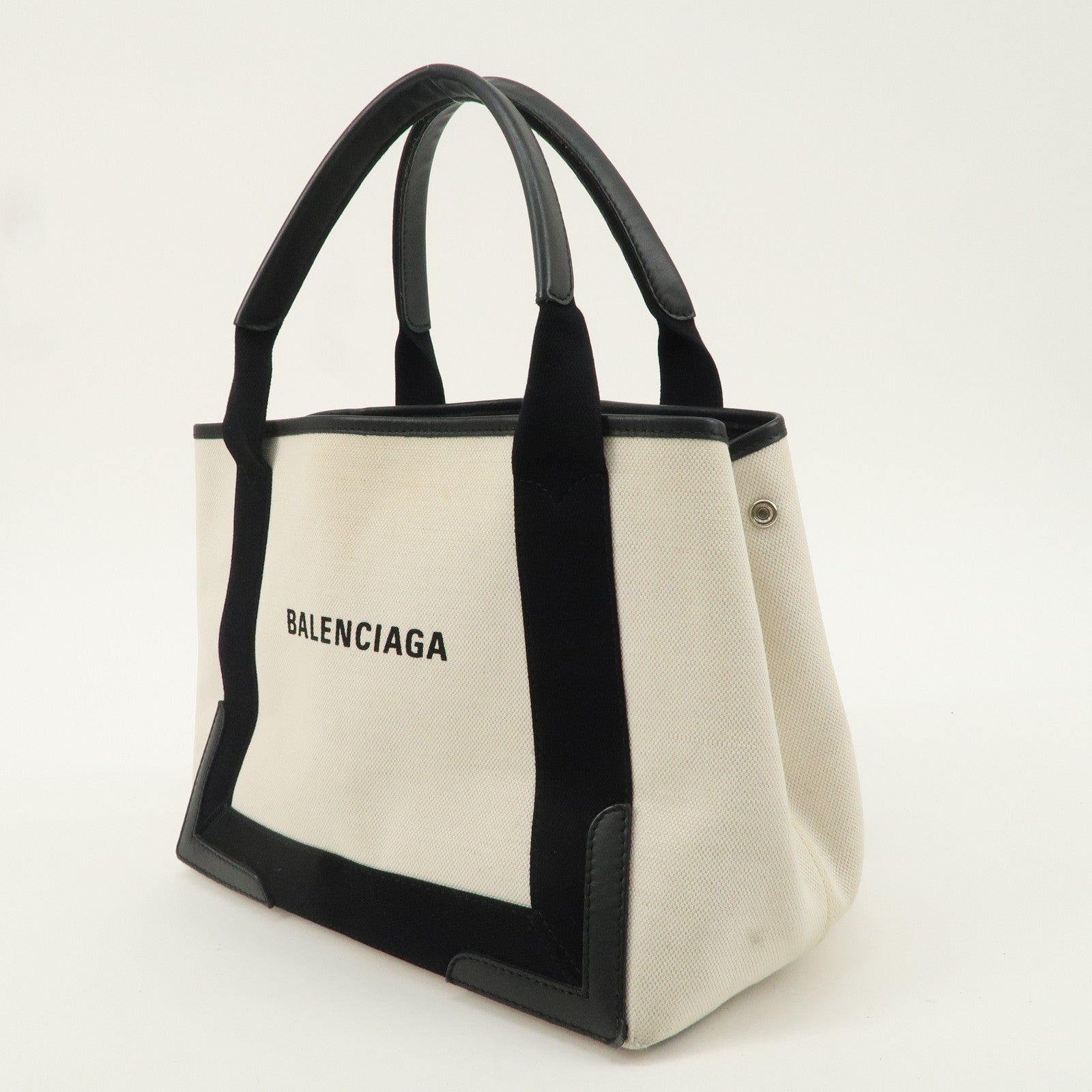 BALENCIAGA Navy Cabas S Canvas Leather Tote Bag Ivory Black 339933