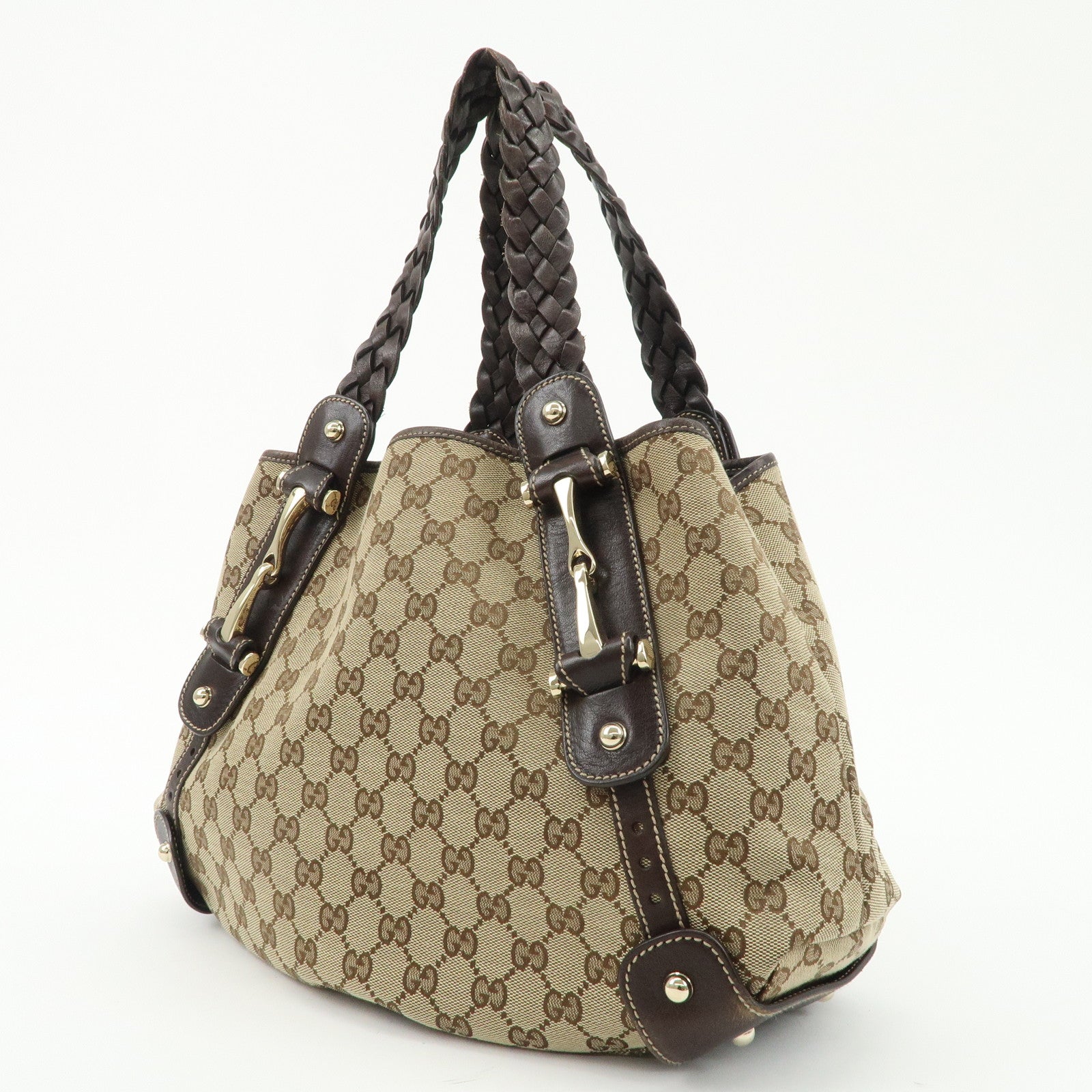 GUCCI Horsebit GG Canvas Leather Tote Bag Beige Brown 162900