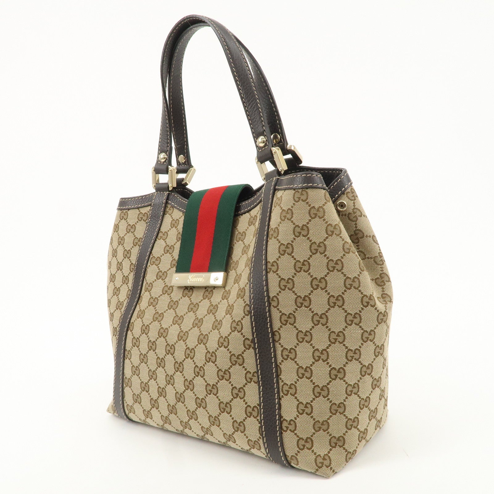 GUCCI Sherry Line GG Canvas Leather Hand Bag Beige Brown 364835