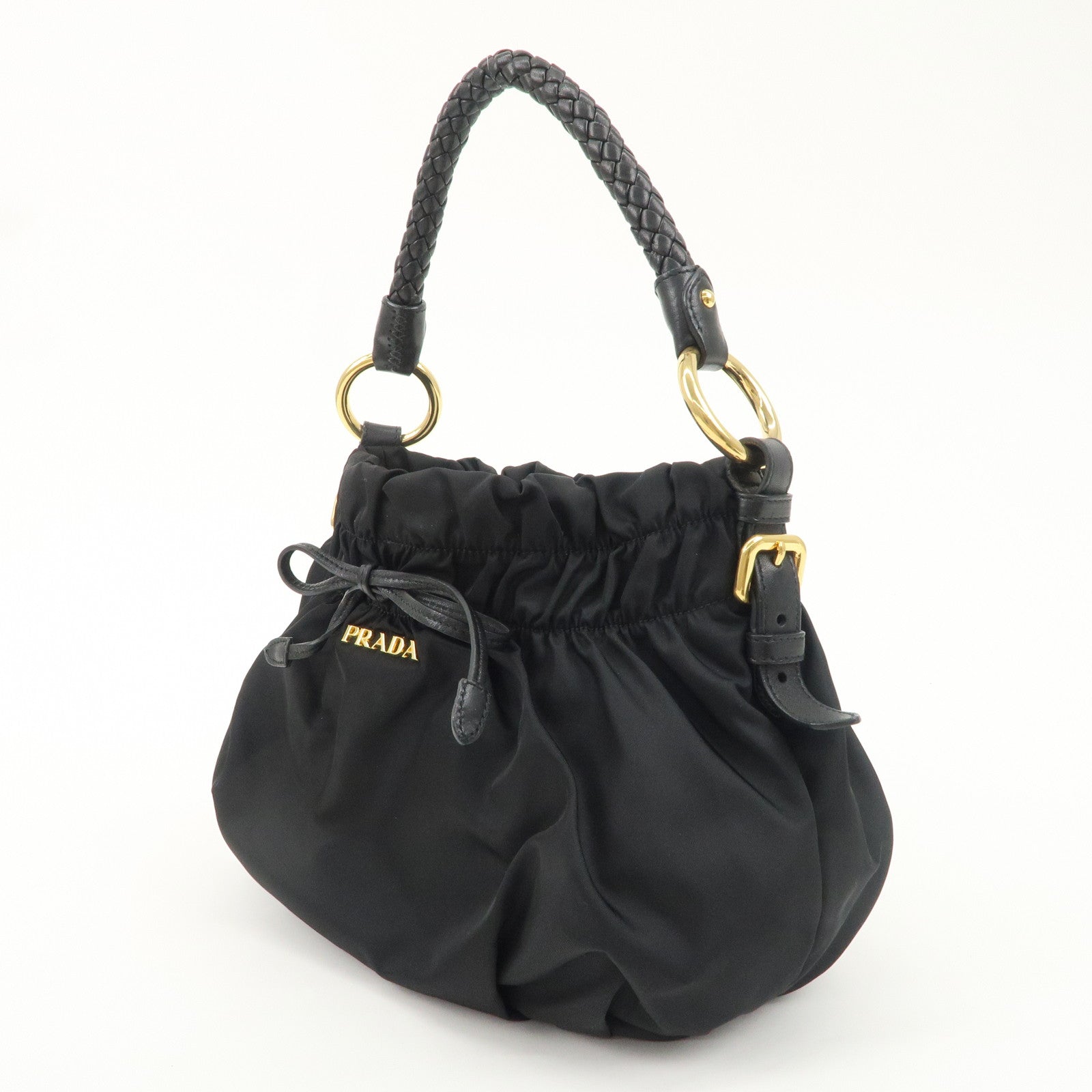 PRADA Nylon Leather Ribbon Shoulder Bag Hand Bag Black BR4237