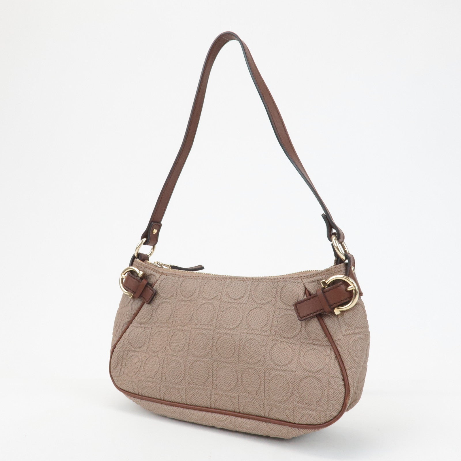 Ferragamo Gancini PVC Leather Shoulder Bag Pink Beige Brown Used