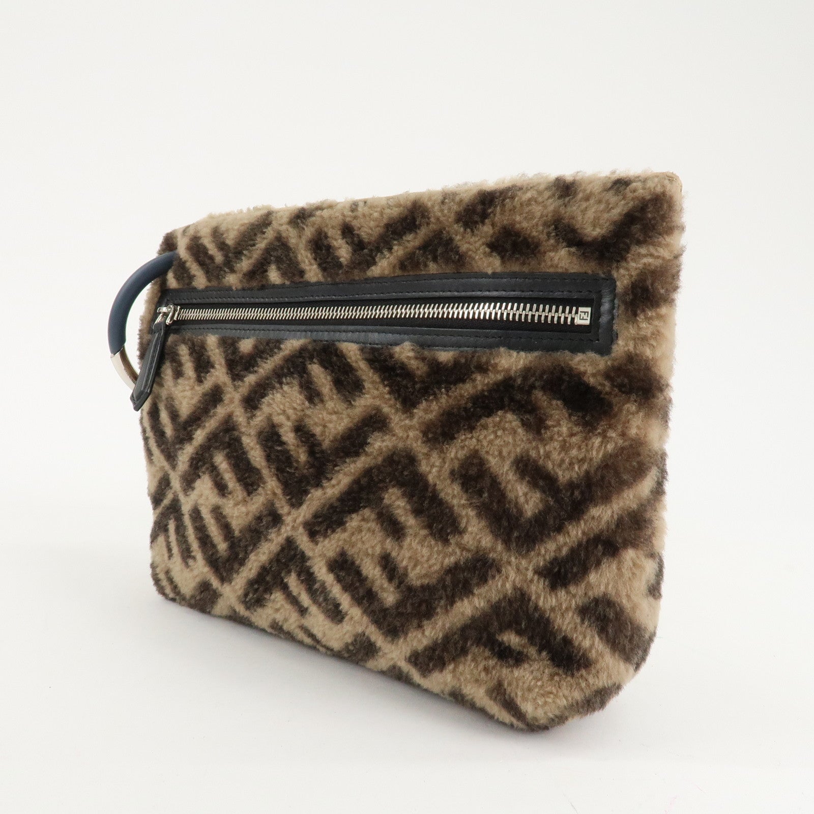 FENDI Zucca Wool Leather Clutch Bag Brown Black 7N0093