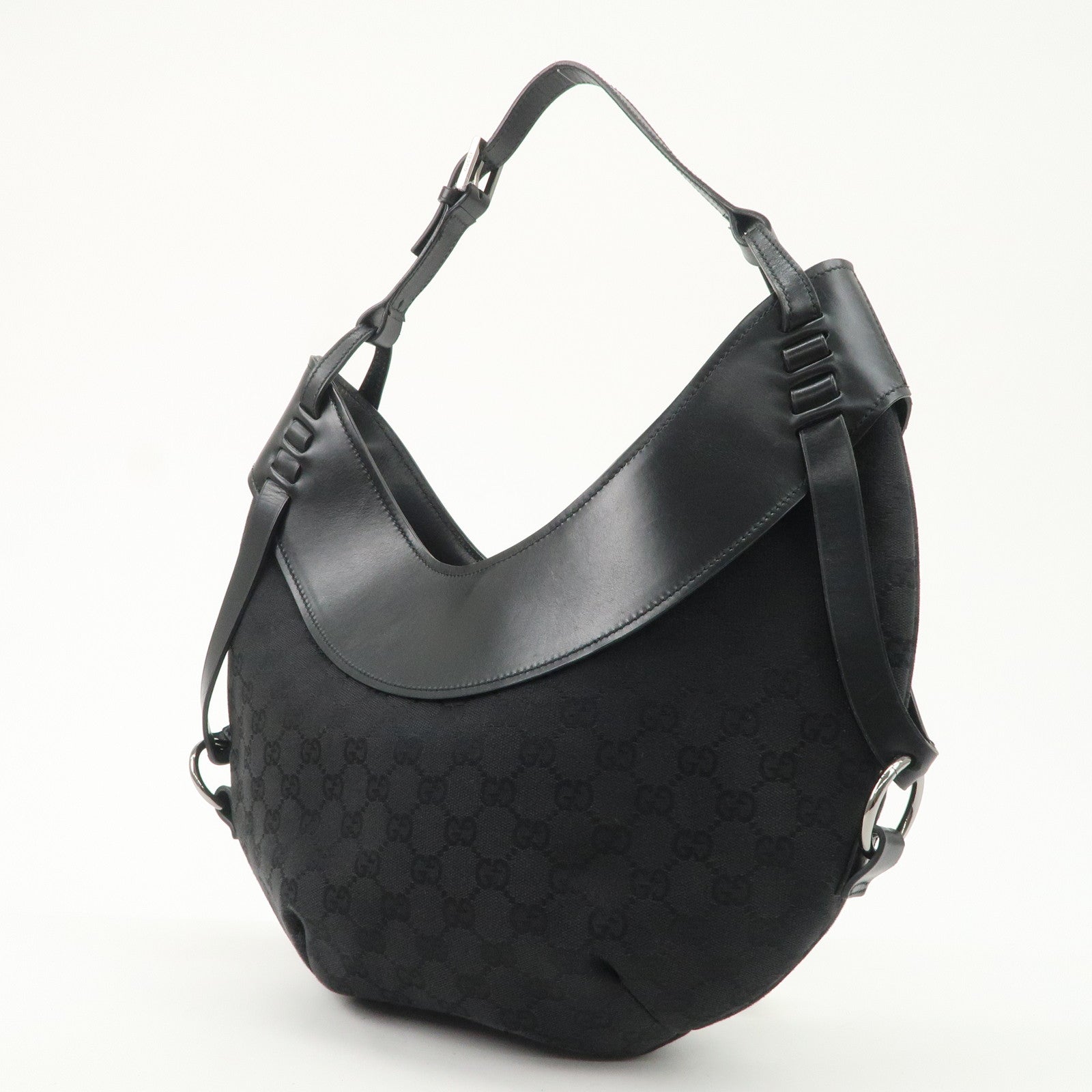 GUCCI GG Canvas Leather Semi Shoulder Bag Black 106250