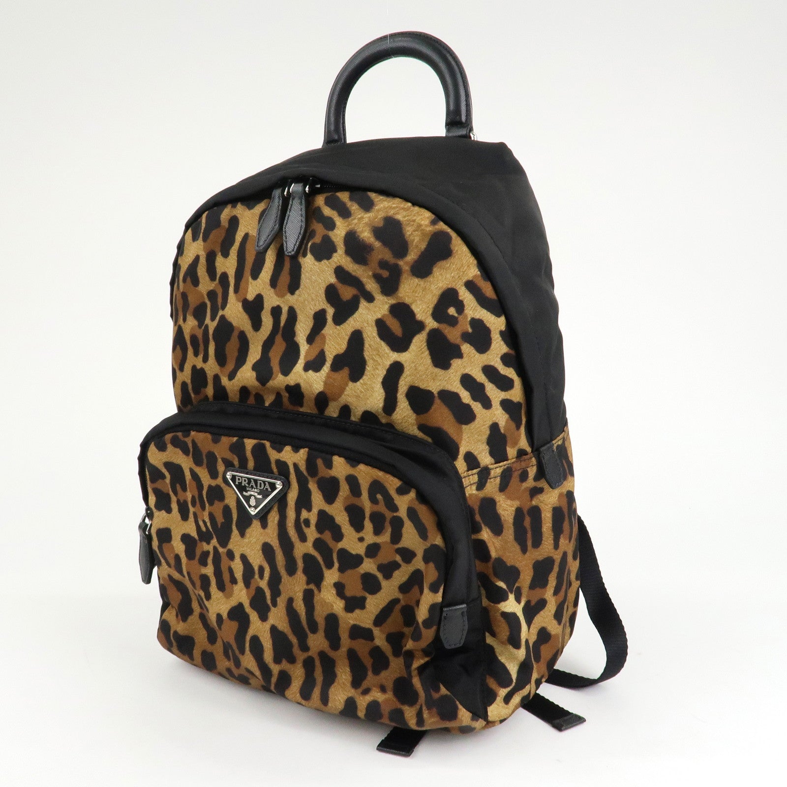 PRADA Leopard Nylon Leather Rucksack  Black Brown 1BZ001 Used