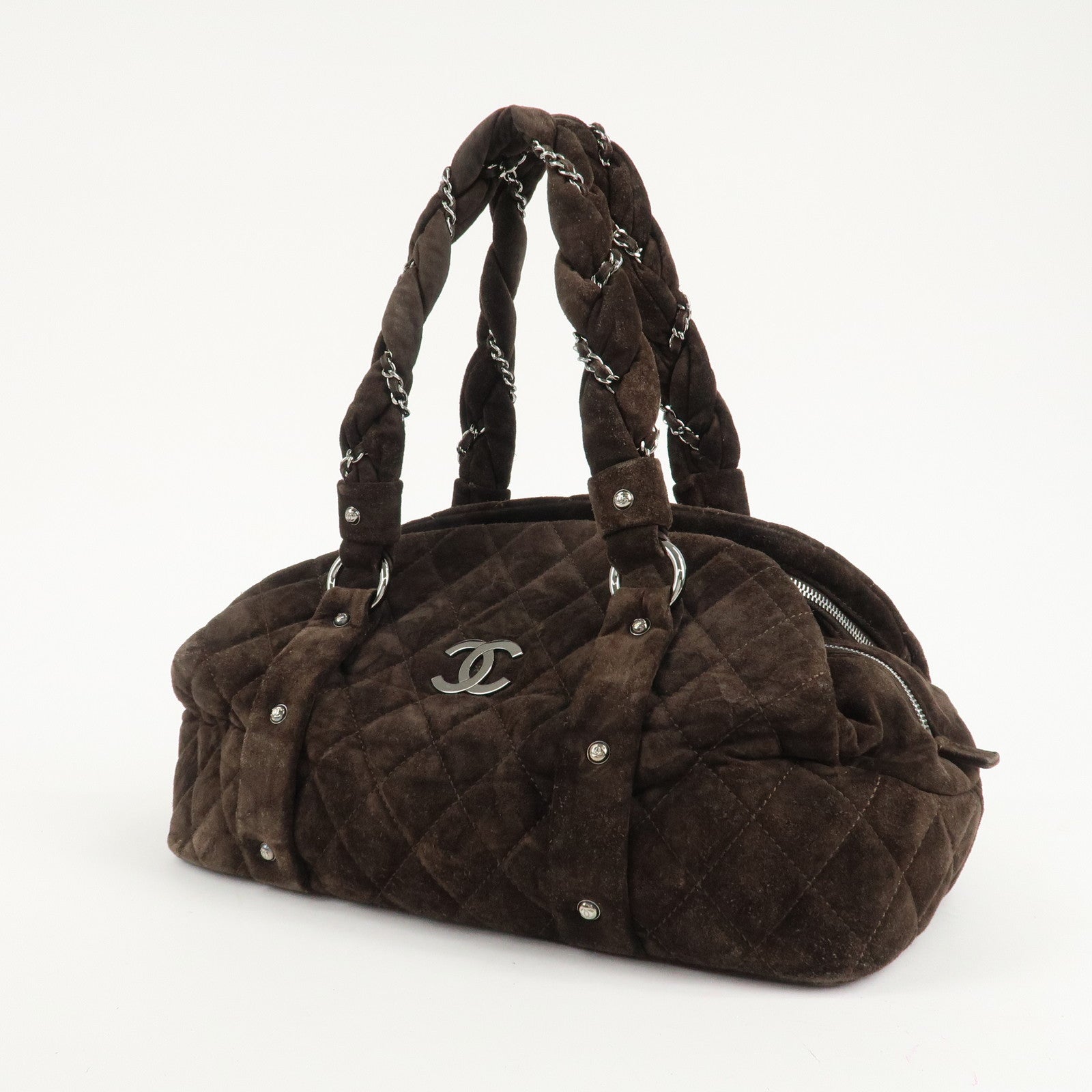 CHANEL Matelasse Suede Boston Bag Brown Silver Hardware