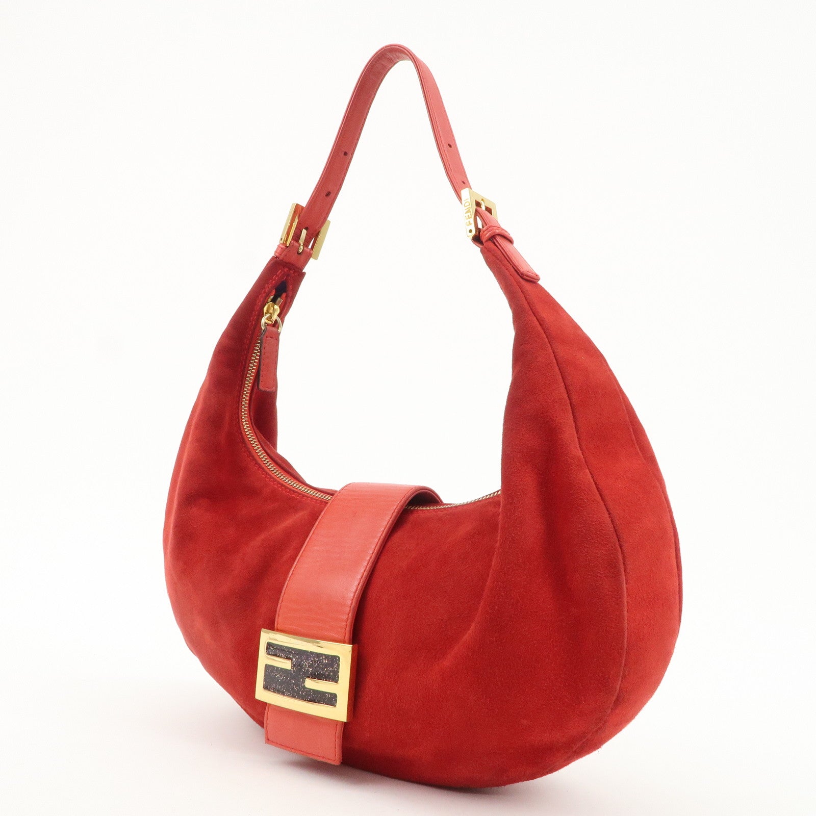 FENDI Suede Leather Shoulder Bag Red Gold Hardware Used