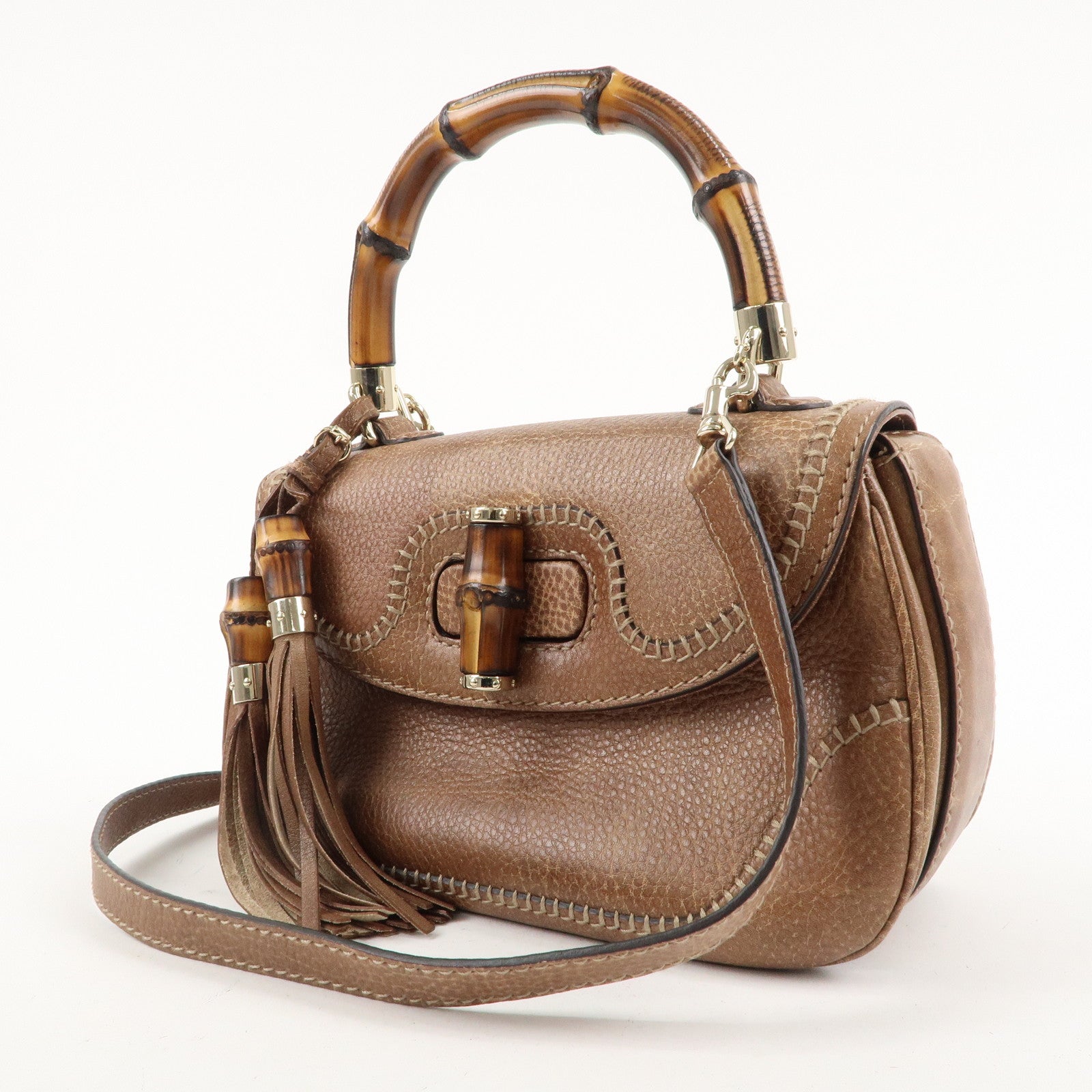 GUCCI New Bamboo Leather 2WAY Bag Hand Bag Light Brown 224964