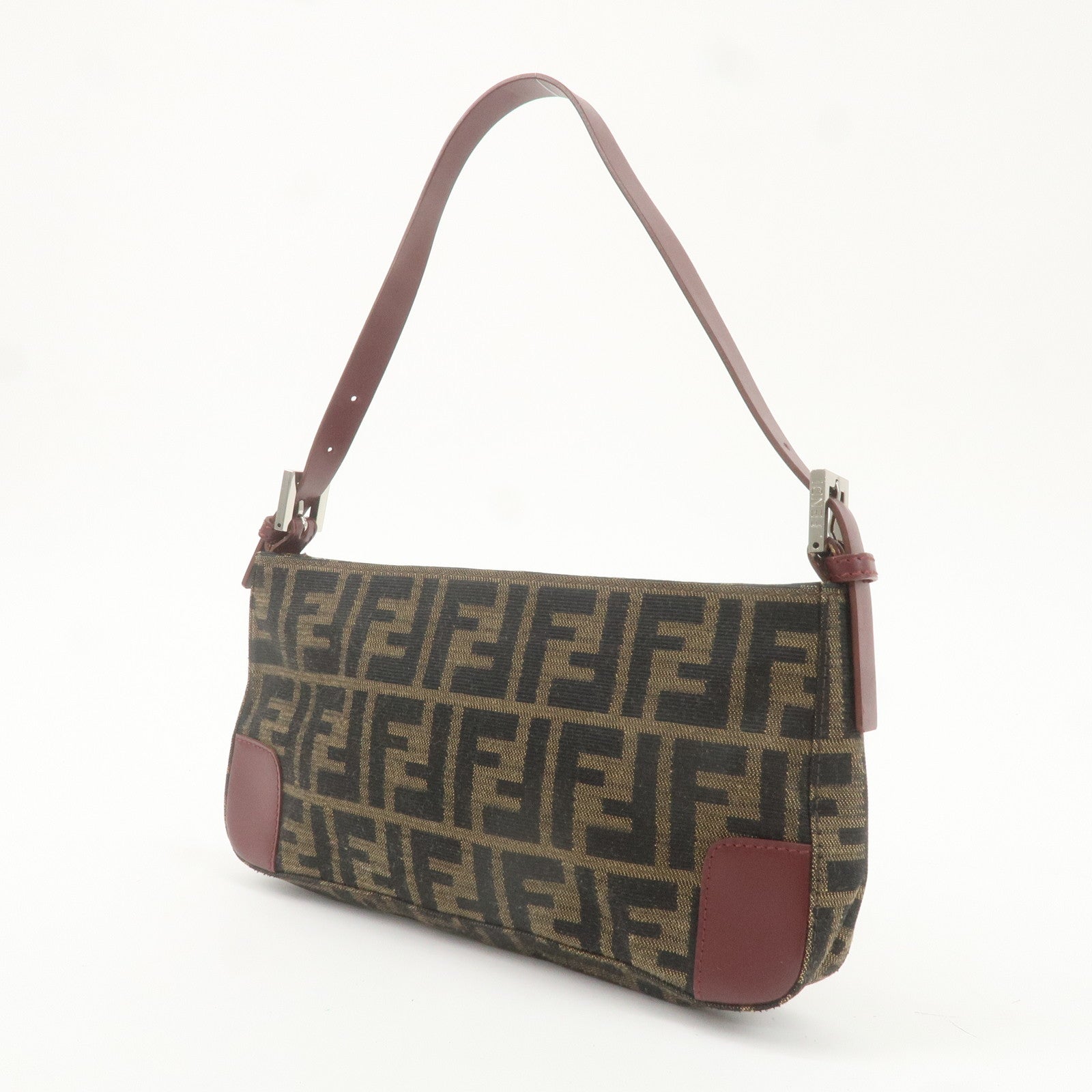 FENDI Zucca Canvas Leather Shoulder Bag Brown Bordeaux 8BR207