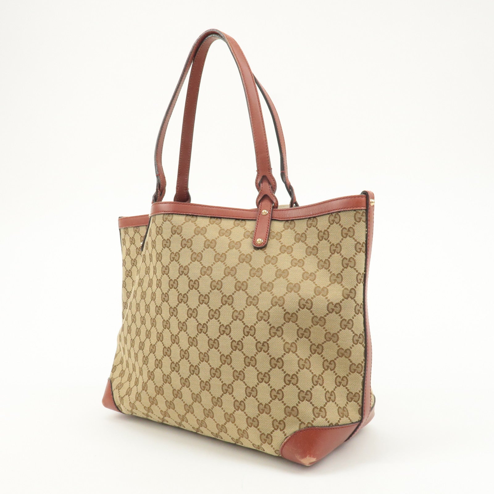 GUCCI GG Canvas Leather Tote Bag Beige Brown 247209