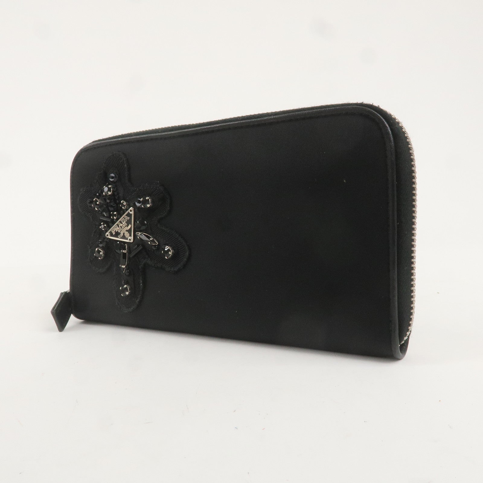 PRADA Evening Bear Nylon Leather Zippy Long Wallet Black