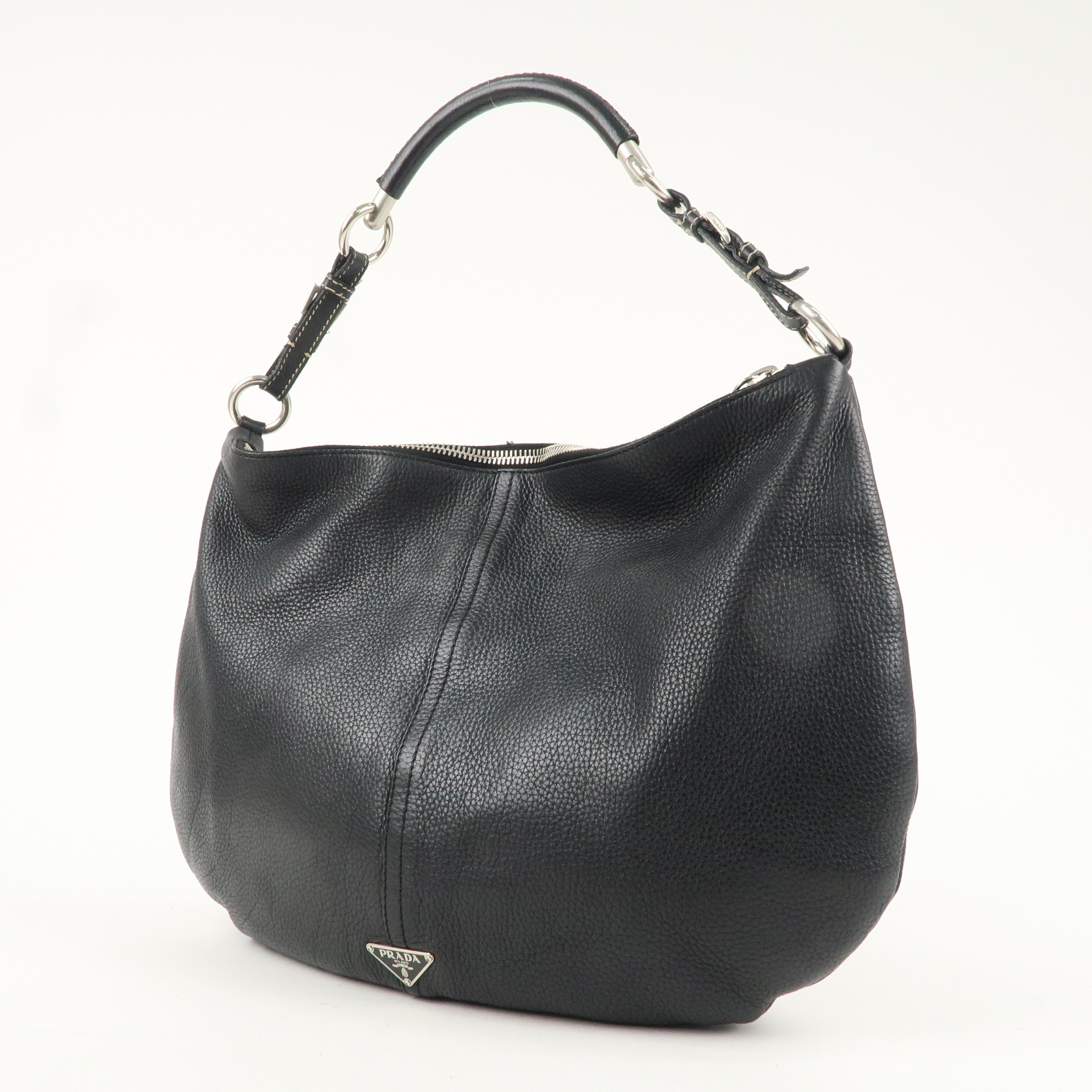 PRADA Logo Leather Shoulder Bag  Black Silver Hardware