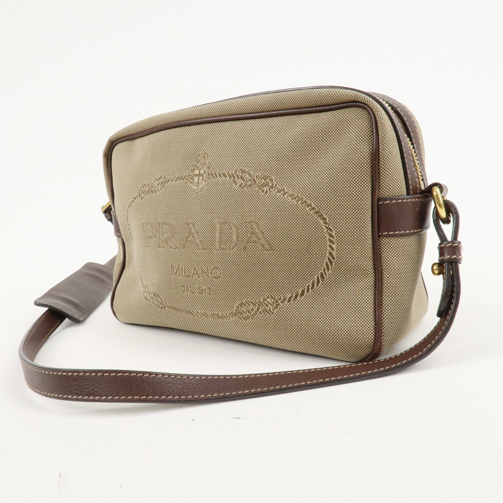 PRADA Logo Jacquard Leather Shoulder Bag Beige Brown 1BH089