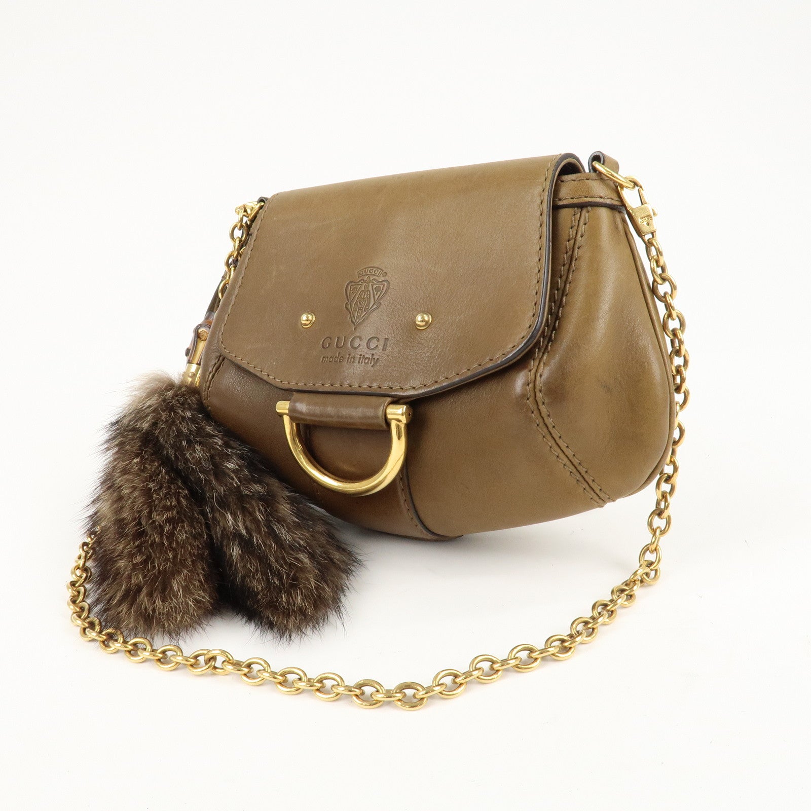 GUCCI Bamboo Historia Leather Raccoon Fur Shoulder Bag 269927