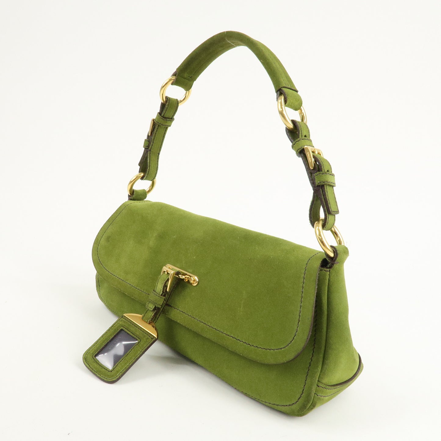 PRADA Suede One Shoulder Bag Green Gold Hardware