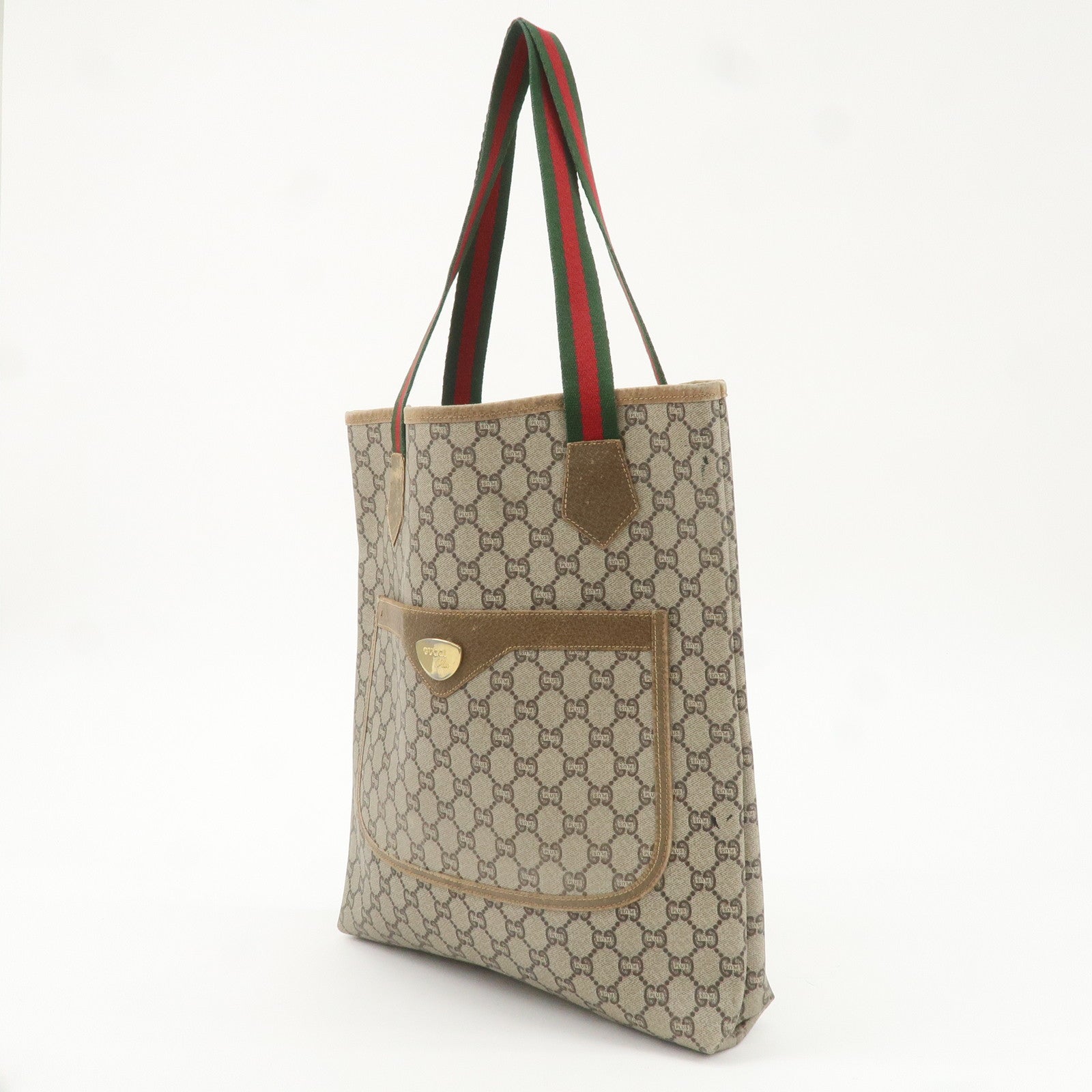 GUCCI Old Gucci Sherry GG Plus Leather Tote Bag Beige Brown