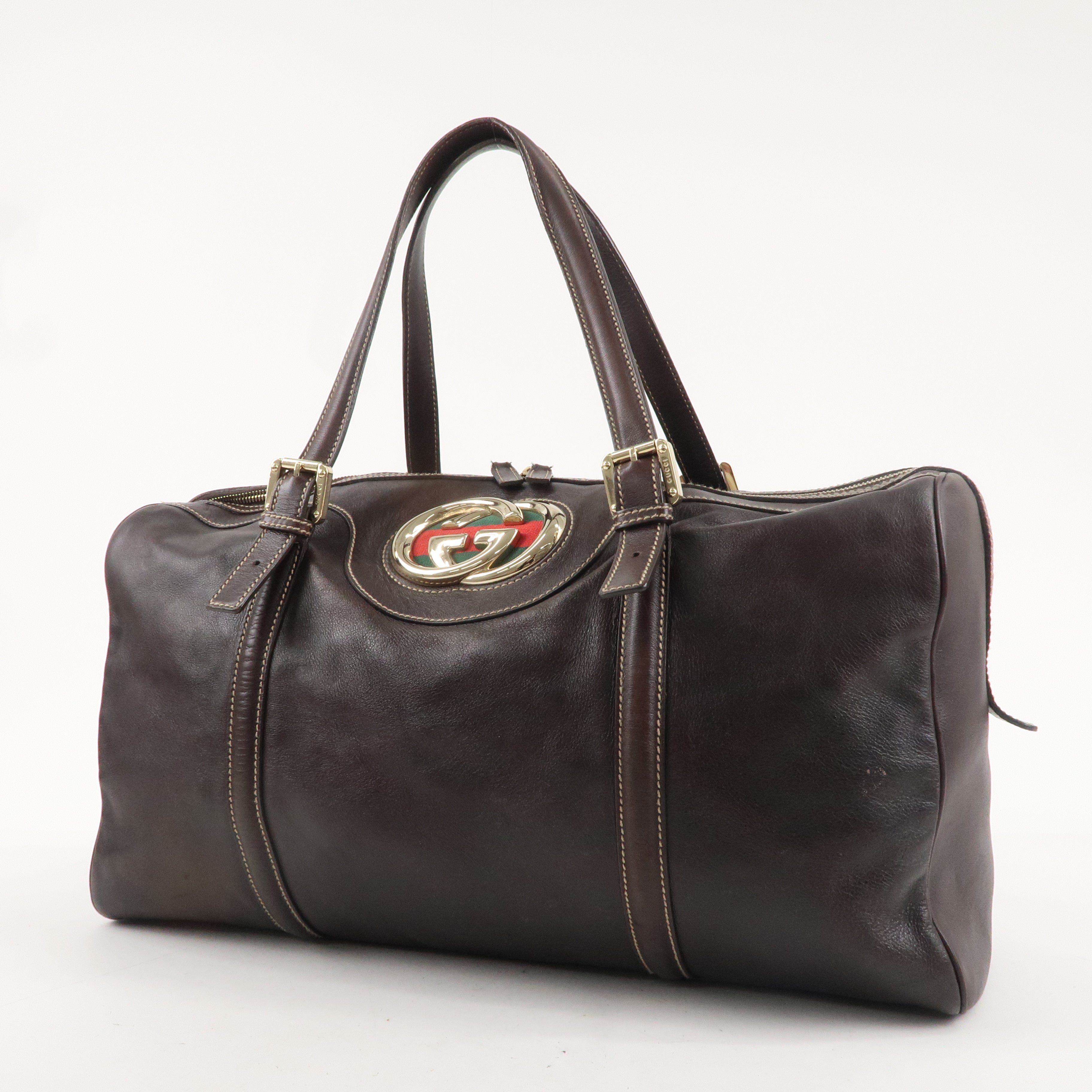 GUCCI Sherry Interlocking G Leather Boston Bag Brown 175401