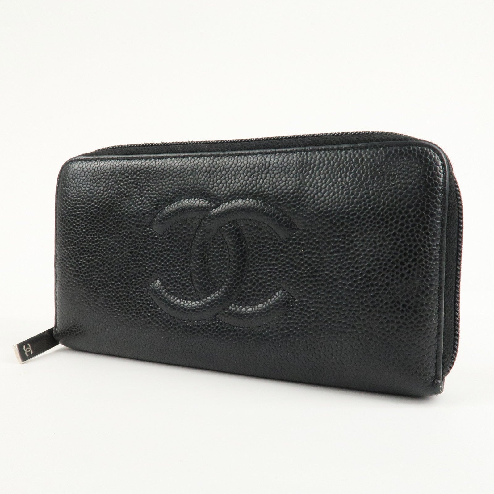 CHANEL Caviar Skin Zip Around Long Wallet Black A50071 Used