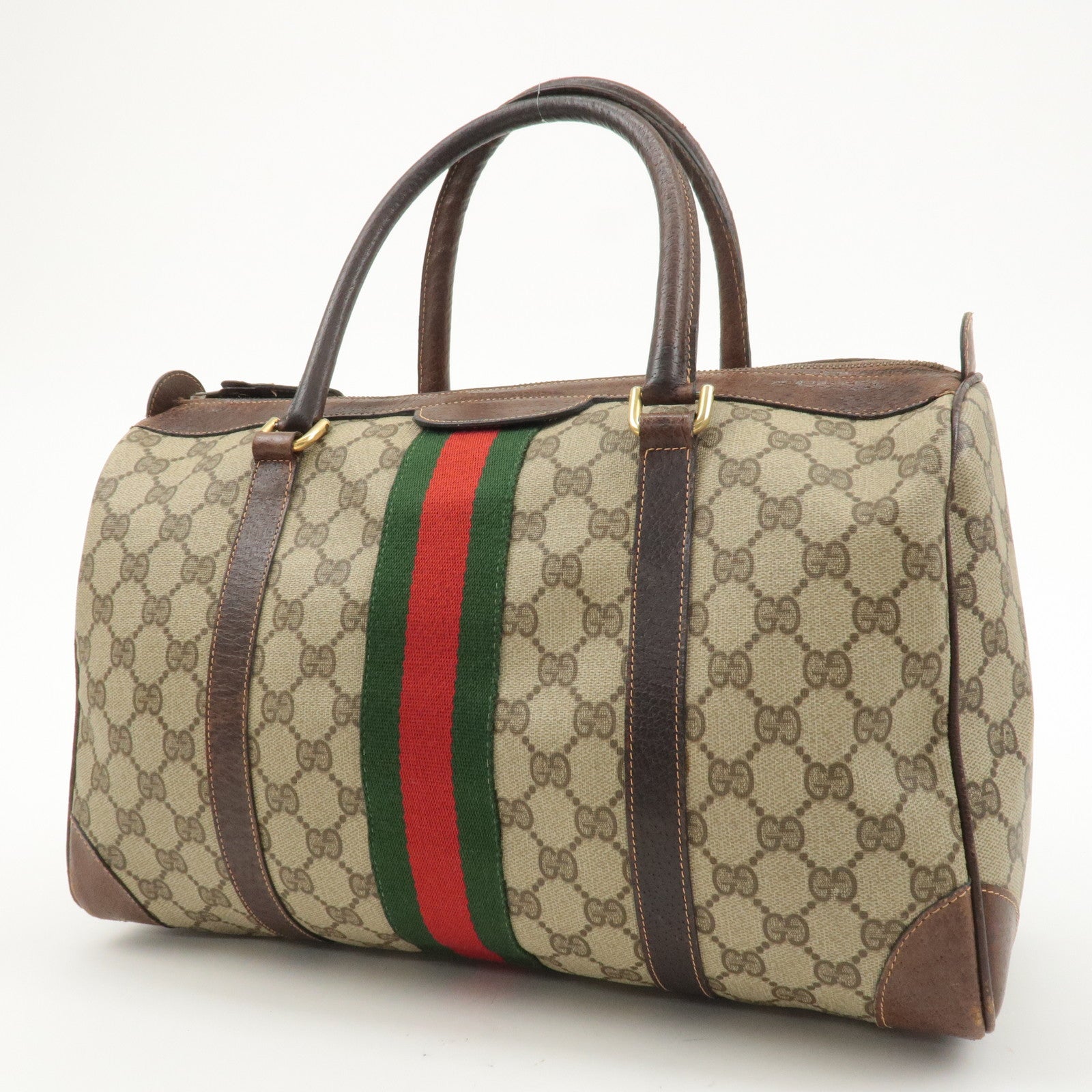 GUCCI Old Gucci Sherry GG Plus Leather Boston Bag Beige Brown